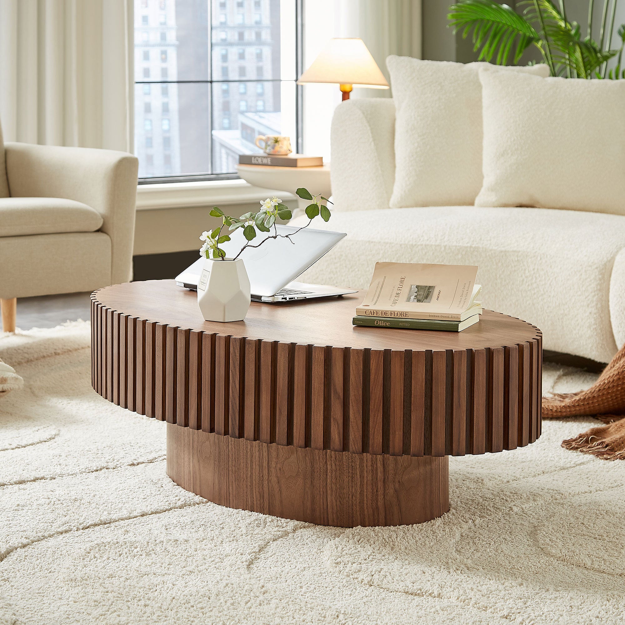 Modern Handcraft Drum Coffee Table Length 43.7 inch Ellipse Coffee Table for Living Room,Oval Small Coffee Table with Sturdy Pedestal,Walnut MDF,W2582P251185 - Grand Goldman Shop