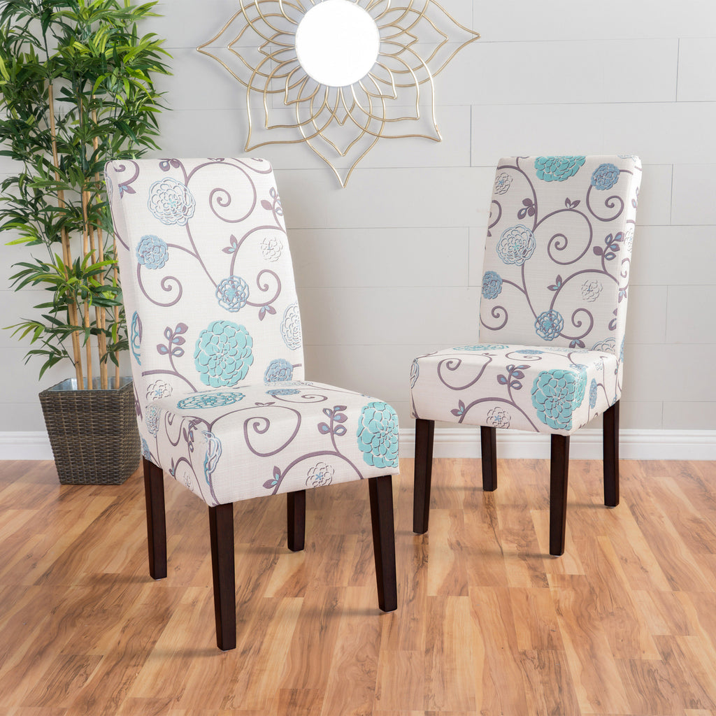 Contemporary Dining Chair Set with Rubberwood Legs in White and Blue Fabric - Grand Goldman Shop