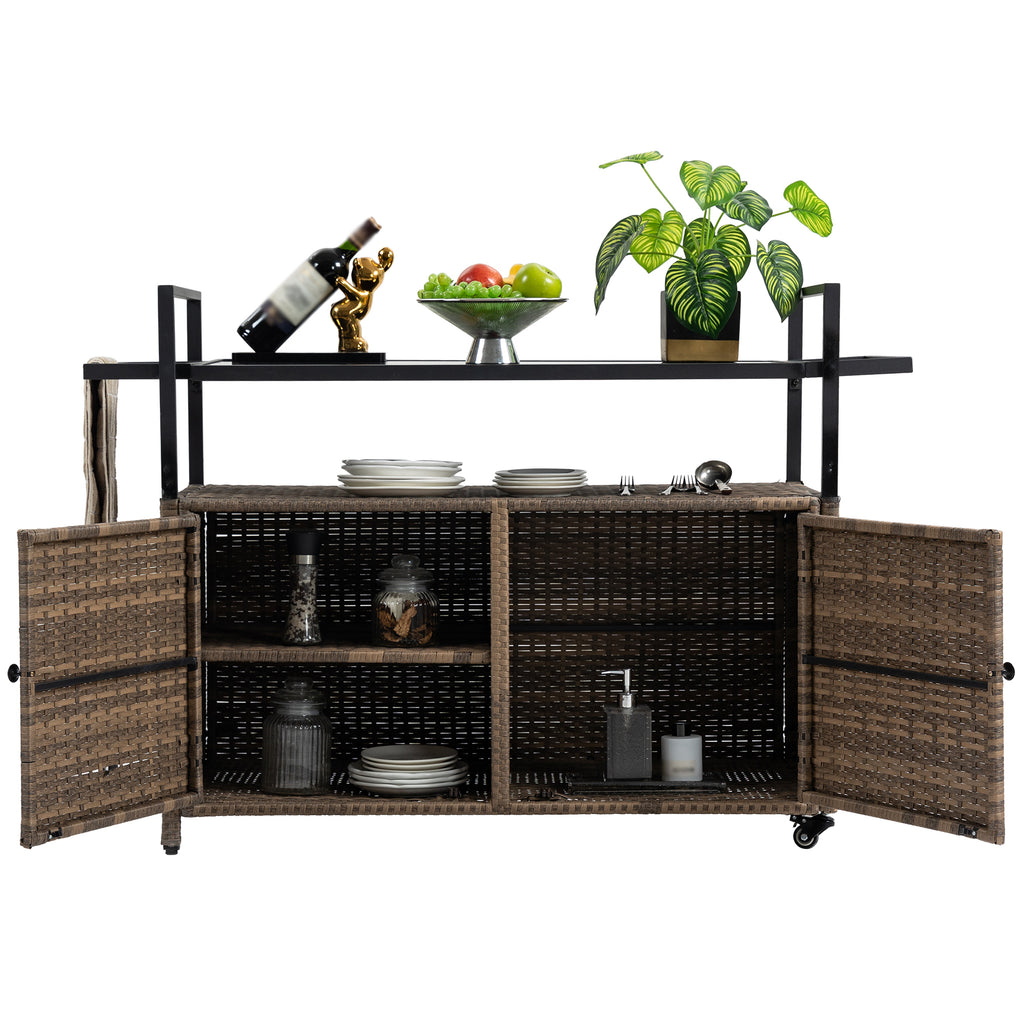 Outdoor Wicker Bar Cart, Patio Wine Serving Cart w/Wheels , Rolling Rattan Beverage Bar Counter Table w/Glass Top for Porch Backyard Garden Poolside Party, Light brown - Grand Goldman Shop