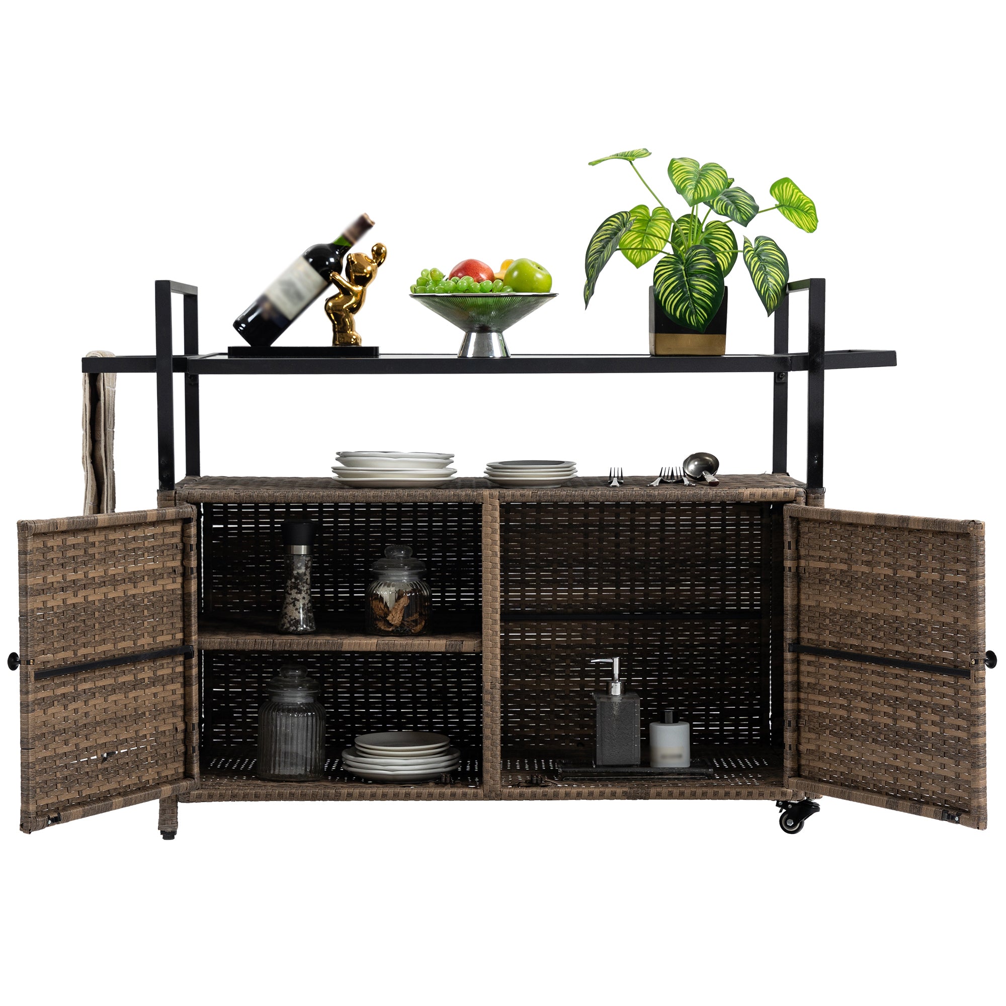 Outdoor Wicker Bar Cart, Patio Wine Serving Cart w/Wheels , Rolling Rattan Beverage Bar Counter Table w/Glass Top for Porch Backyard Garden Poolside Party, Light brown - Grand Goldman Shop