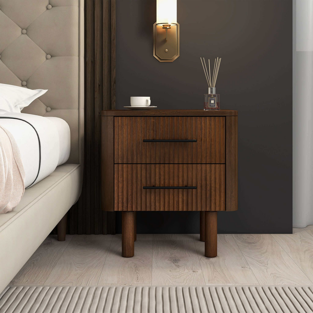 Logan Mid Century Modern Walnut Nightstand with 2 Drawers, Solid Wood, 24x 22x15 inches Drawers and Storage Shelf for Bedrooms, Small Spaces, Bedside Table - Grand Goldman Shop