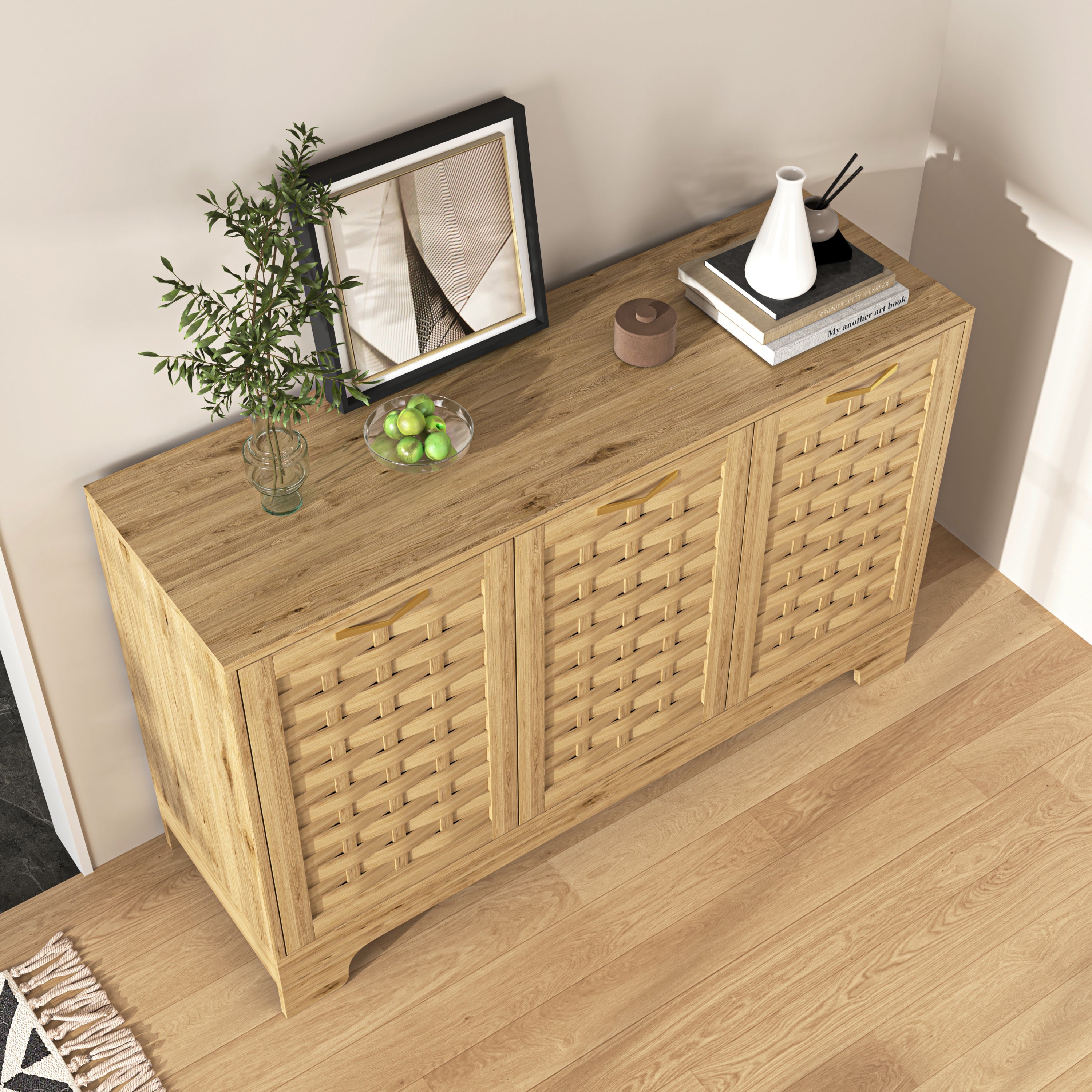 Storage Cabinet with 3 Doors, Wood Sideboard Buffet Storage with Adjustable Shelf, Anti-tip Kit Accent Cabinet for Living Room, Hallway, Entryway, Dining Room, Bedroom - Grand Goldman Shop