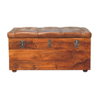 Solid Wood Buffalo Leather Upholstered Hide Chestnut Storage Trunk, Tan & Brown - Grand Goldman Shop