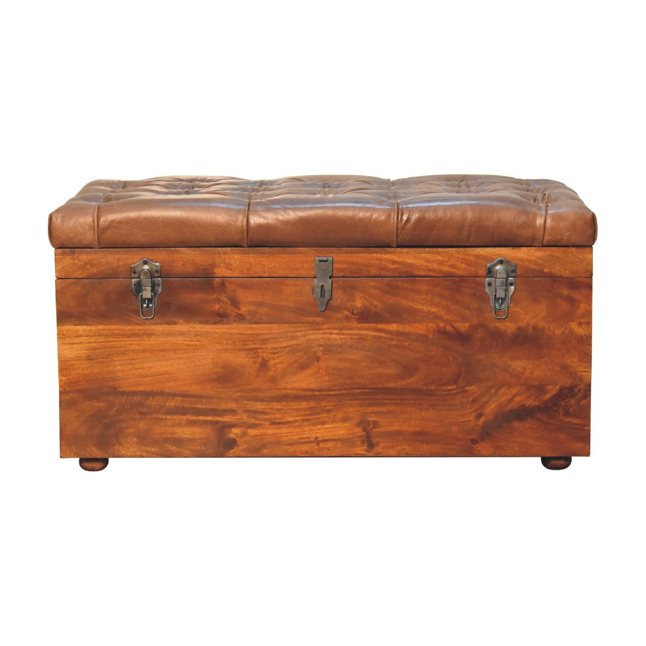 Solid Wood Buffalo Leather Upholstered Hide Chestnut Storage Trunk, Tan & Brown - Grand Goldman Shop