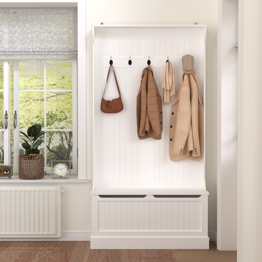 Entryway Bench with Standing Coat Rack, Hall Tree with Shoe Storage Bench, Entryway Organizer with 5 Hooks, White - Grand Goldman Shop