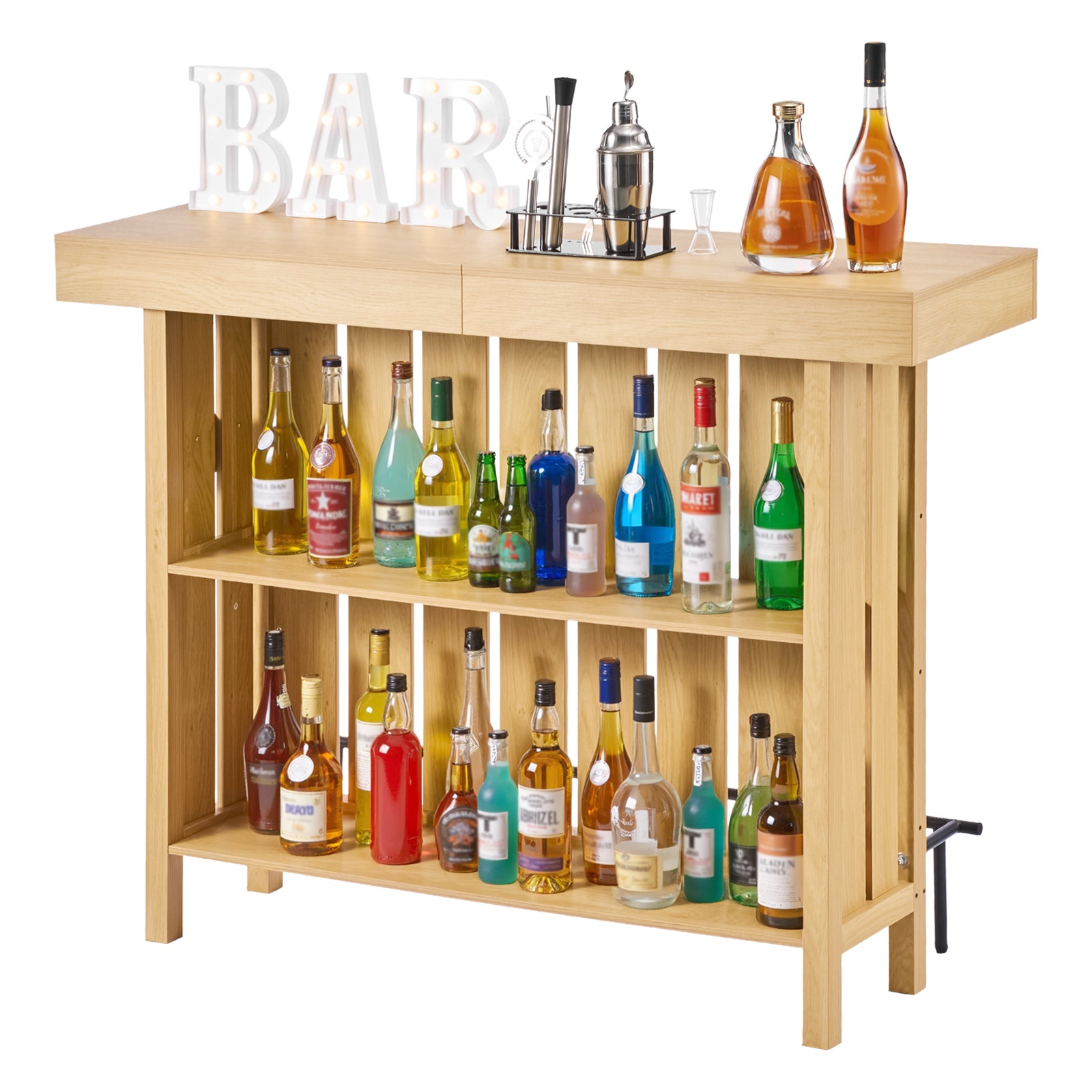 Home Bar Unit, Wine Bar Cabinet Table 3-Tier with Storage Shelves, Opener Storage Box & Adjustable Foot Pads, Black Footrest, Wood & Metal Liquor Cabinet for Home, Basement, Kitchen, Living Room - Grand Goldman Shop