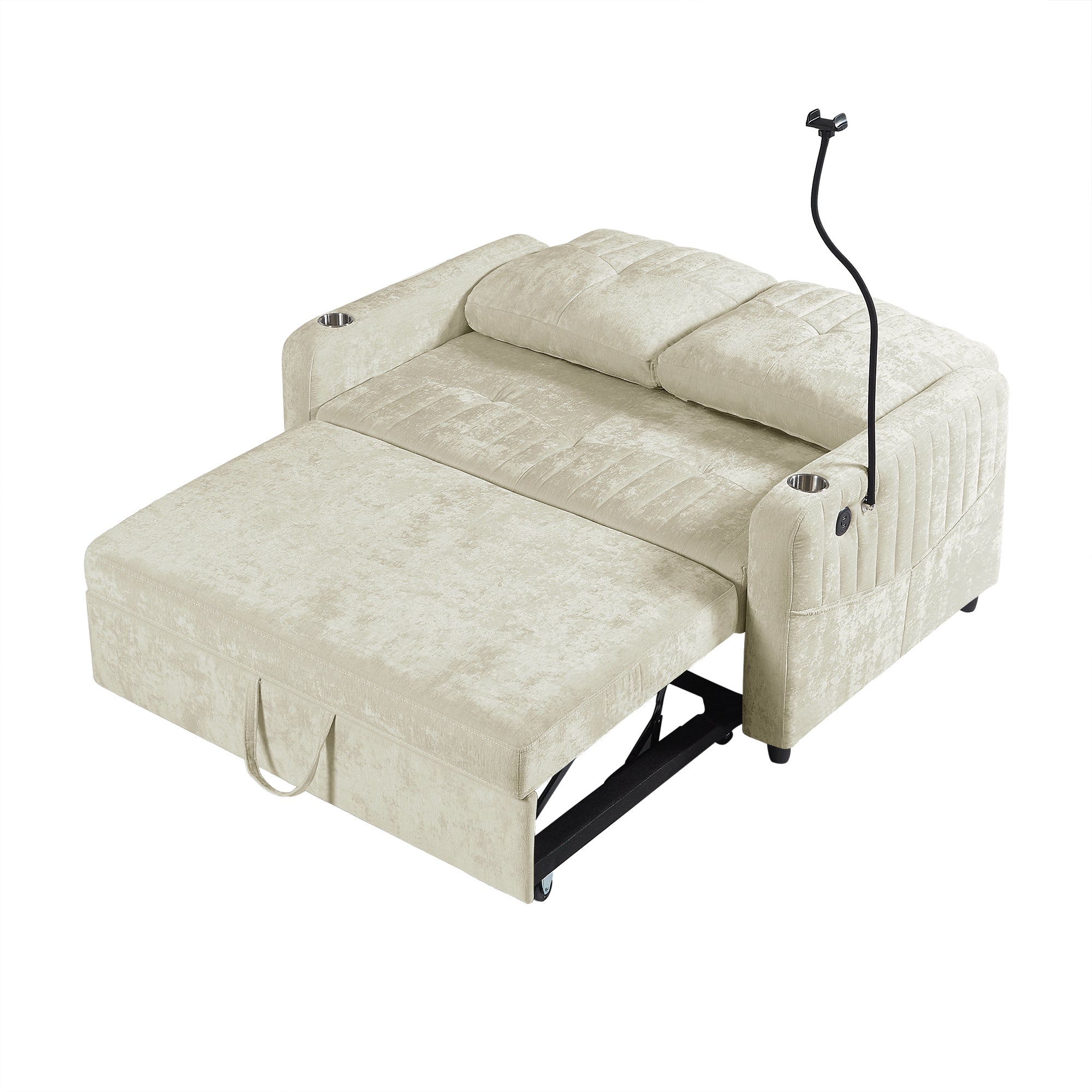 Modern 53.9' Loveseat Pull-out Sofa Bed with Adjustable Backrest, Cup Holders, Charging Ports & Side Storage in Beige Chenille - Grand Goldman Shop