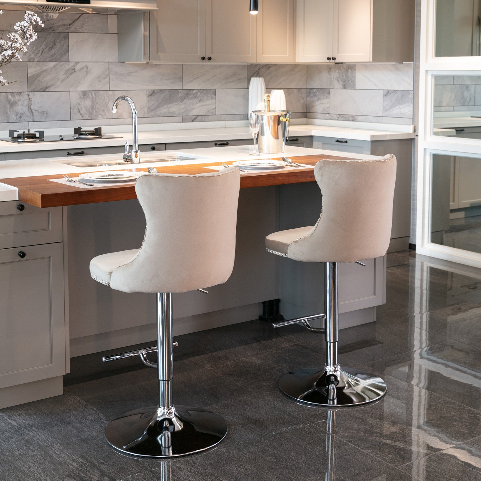 A&A Furniture,Swivel Velvet Barstools Adjusatble Seat Height from 25-33 Inch, Modern Upholstered Chrome base Bar Stools with Backs Comfortable Tufted for Home Pub and Kitchen Island（Khaki,Set of 2） - Grand Goldman Shop