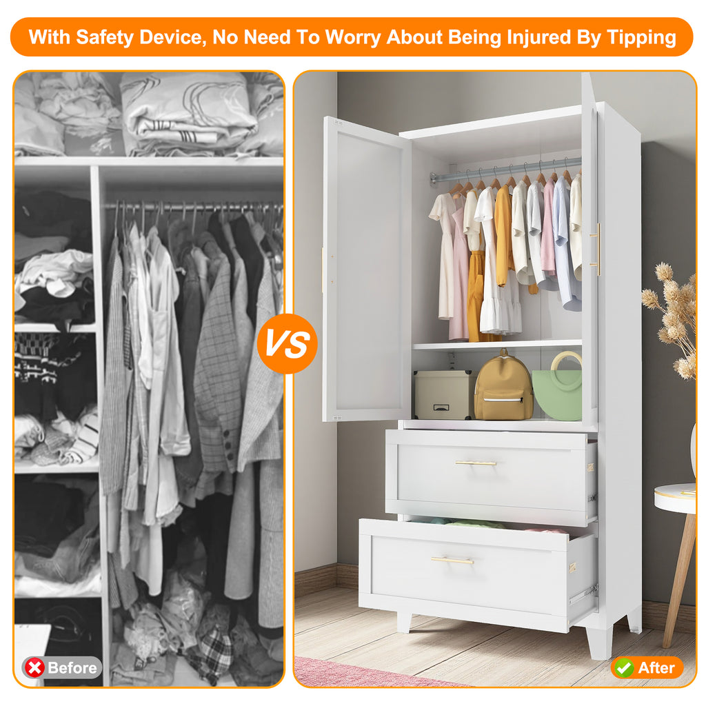 71' Tall Metal Wardrobe Cabinet with 2 Drawers and Hanging Rod, 2 Doors Wardrobe Closet with Shelf for Bedroom, Office, Laundry Room,Entryway ,Foyer,Guesthouse (White) - Grand Goldman Shop
