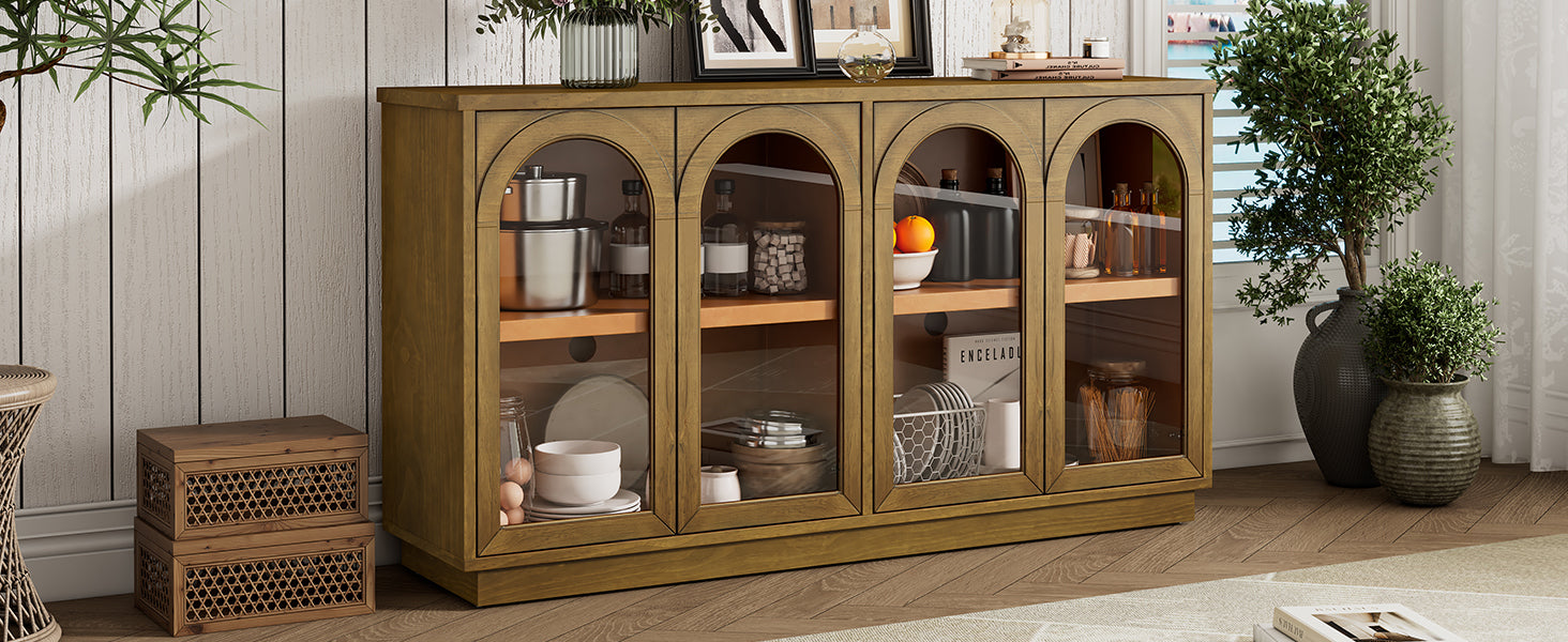 TREXM 4-Door Large Storage Buffet Cabinet with Glass Doors, Arched Cabinet with Adjustable Shelves for Kitchen, Dining Room and Living Room (Old Pine) - Grand Goldman Shop