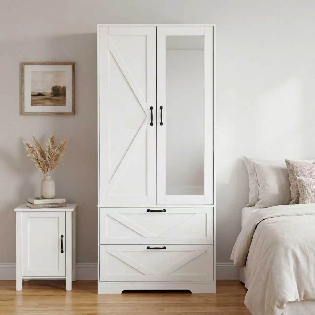 2 Door Wood Wardrobe for Bedroom with Hanging Clothing Rod inside the Cabinet and 2 Drawers for Storage Organization, Built-in induction light Multifunctional Closet with Mirror, White - Grand Goldman Shop
