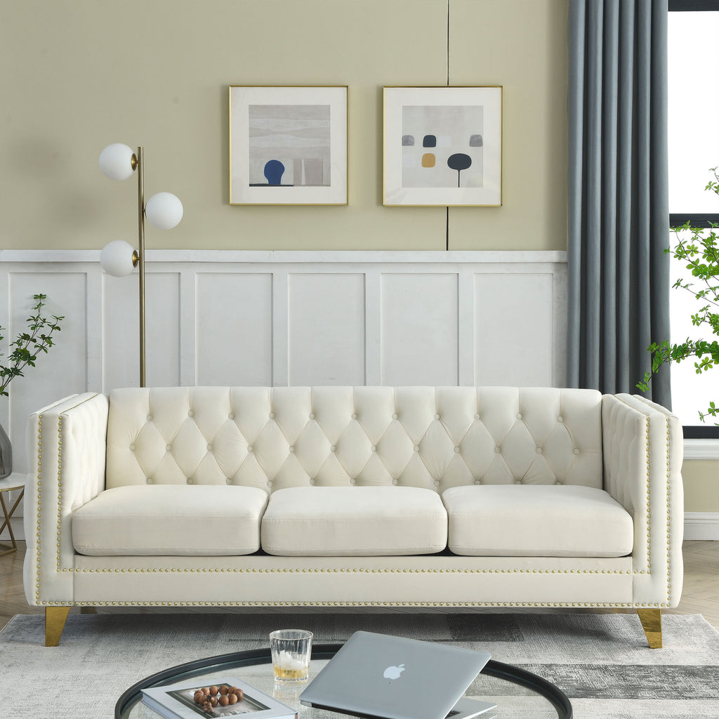 Modern Velvet Sofa with Button Tufting and Metal Legs, Beige Upholstered Couch for Living Room or Bedroom, 3-Seater, W834S00023 - Grand Goldman Shop