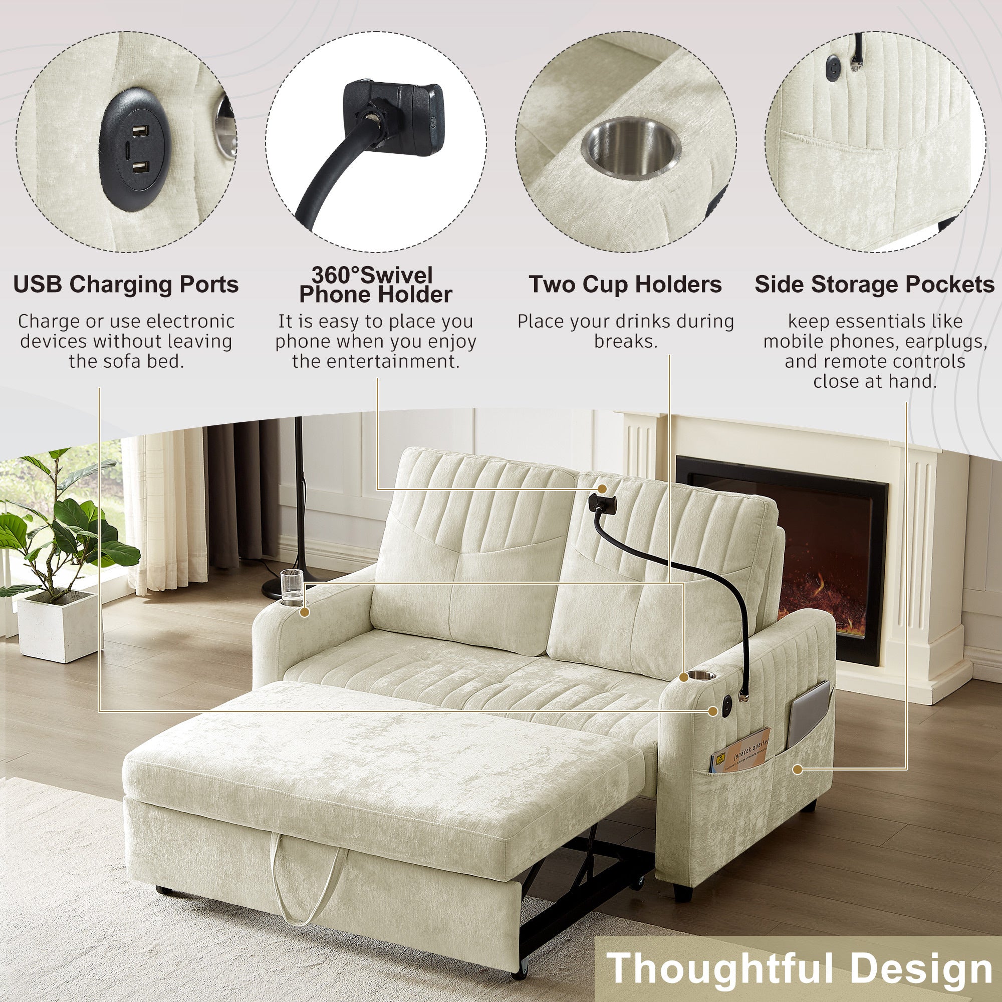 Modern 53.9' Loveseat Pull-out Sofa Bed with Adjustable Backrest, Cup Holders, Charging Ports & Side Storage in Beige Chenille - Grand Goldman Shop