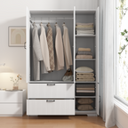 4 Doors Wardrobe Closet with Mirror, LED Wardrobe with Doors and 2 Drawers, Wooden Wardrobe Storage Cabinet with Hanging Rod, Adjustable Shelves, White - Grand Goldman Shop
