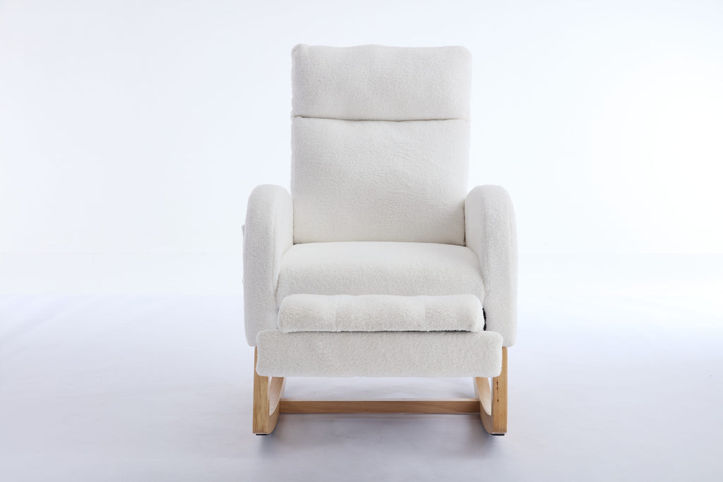 015B-Teddy Fabric Leisure Rocking Chair,Nursery Rocking Chair With Adjustable Footstool,Thickened Headrest And High Backrest, Storage Pocket On The Right Side,The Base Rocker Is Solid Wood,White - Grand Goldman Shop