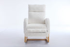 015B-Teddy Fabric Leisure Rocking Chair,Nursery Rocking Chair With Adjustable Footstool,Thickened Headrest And High Backrest, Storage Pocket On The Right Side,The Base Rocker Is Solid Wood,White - Grand Goldman Shop