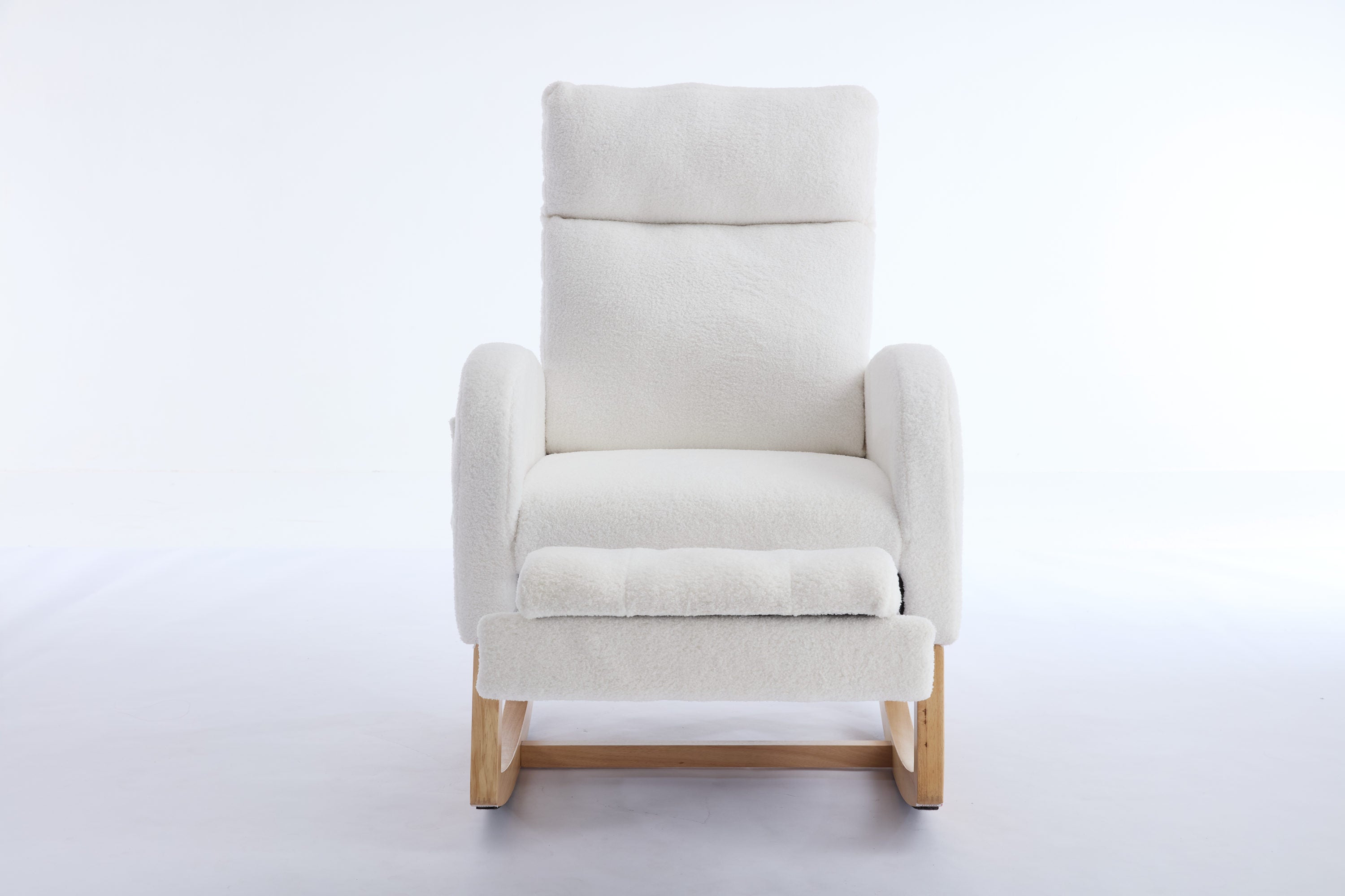 015B-Teddy Fabric Leisure Rocking Chair,Nursery Rocking Chair With Adjustable Footstool,Thickened Headrest And High Backrest, Storage Pocket On The Right Side,The Base Rocker Is Solid Wood,White - Grand Goldman Shop