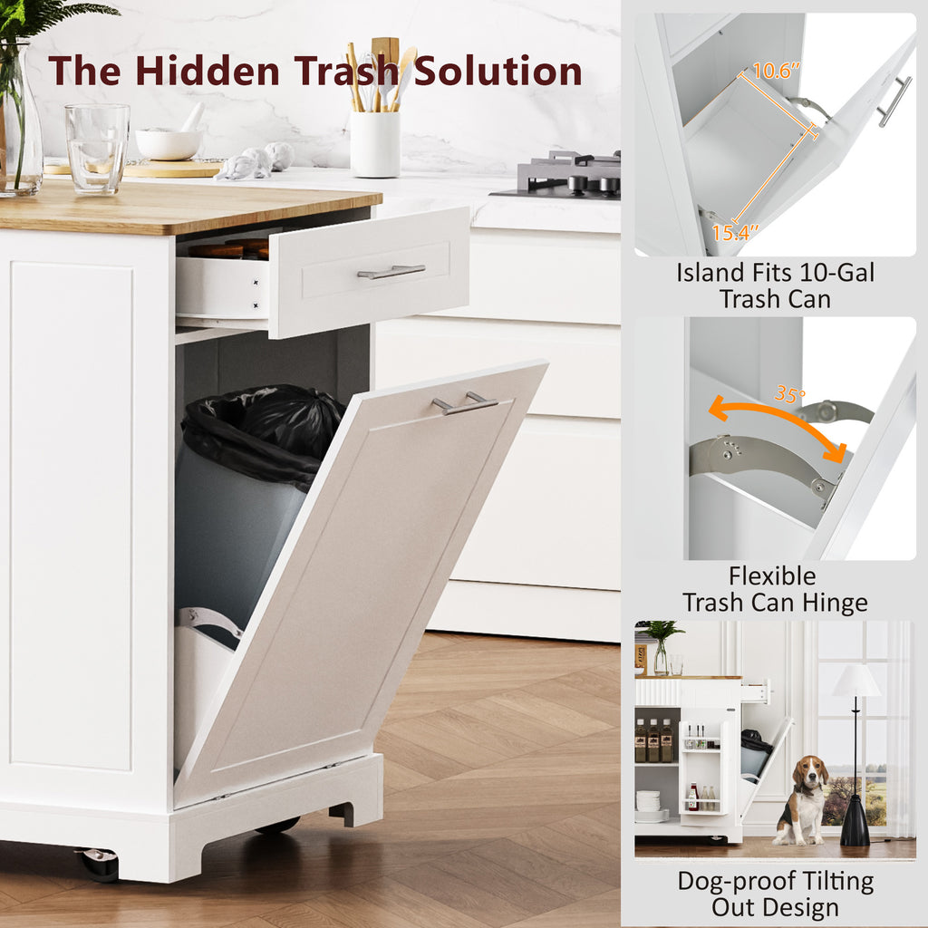K&K Fluted Kitchen Island with Trash Can Storage Cabinet, Power Outlet, Internal Storage Rack, Rolling Kitchen Islands on 5 Wheels with 3 Drawer, 3 Open Side Racks for 10 Gallon Garbage Bin, White - Grand Goldman Shop
