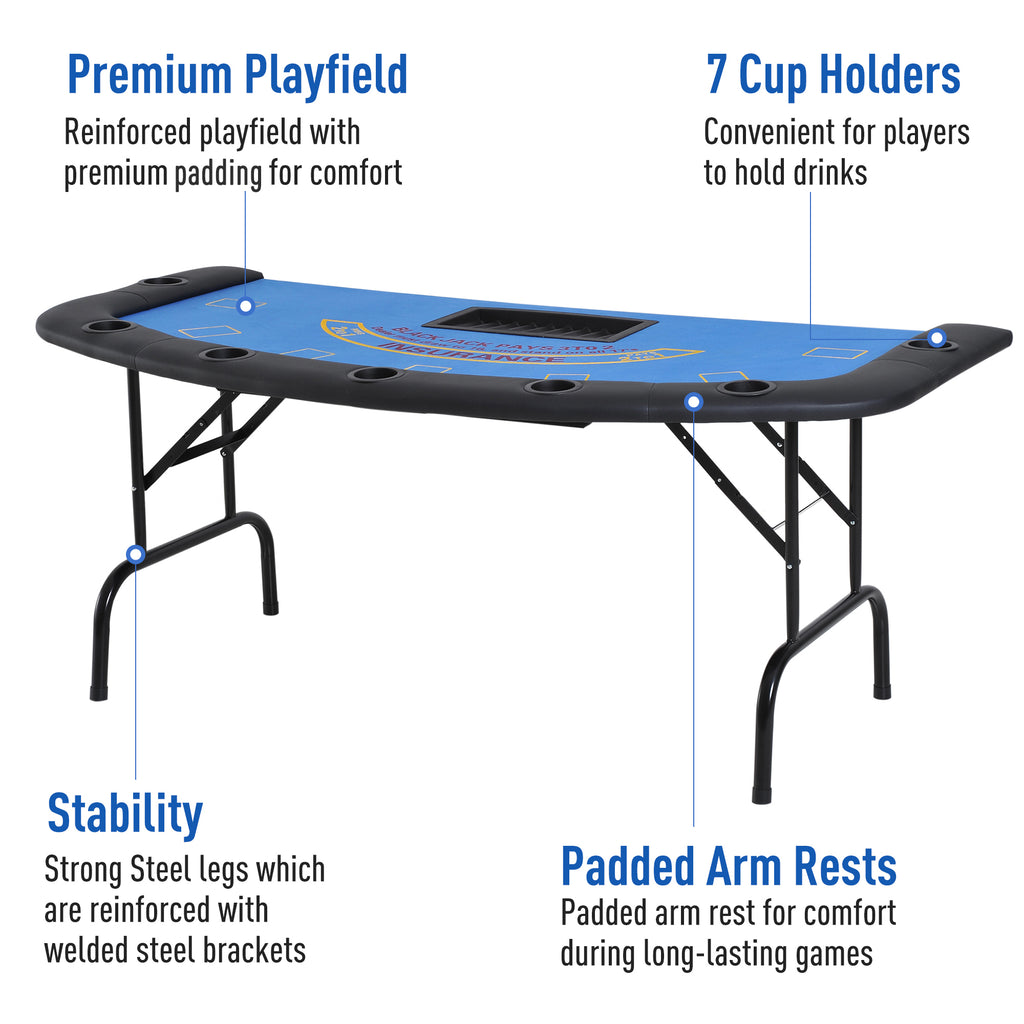 Soozier Poker Table Foldable, 72' Blackjack Table for 7 Players with Chip & Cup Holder, Blue Felt - Grand Goldman