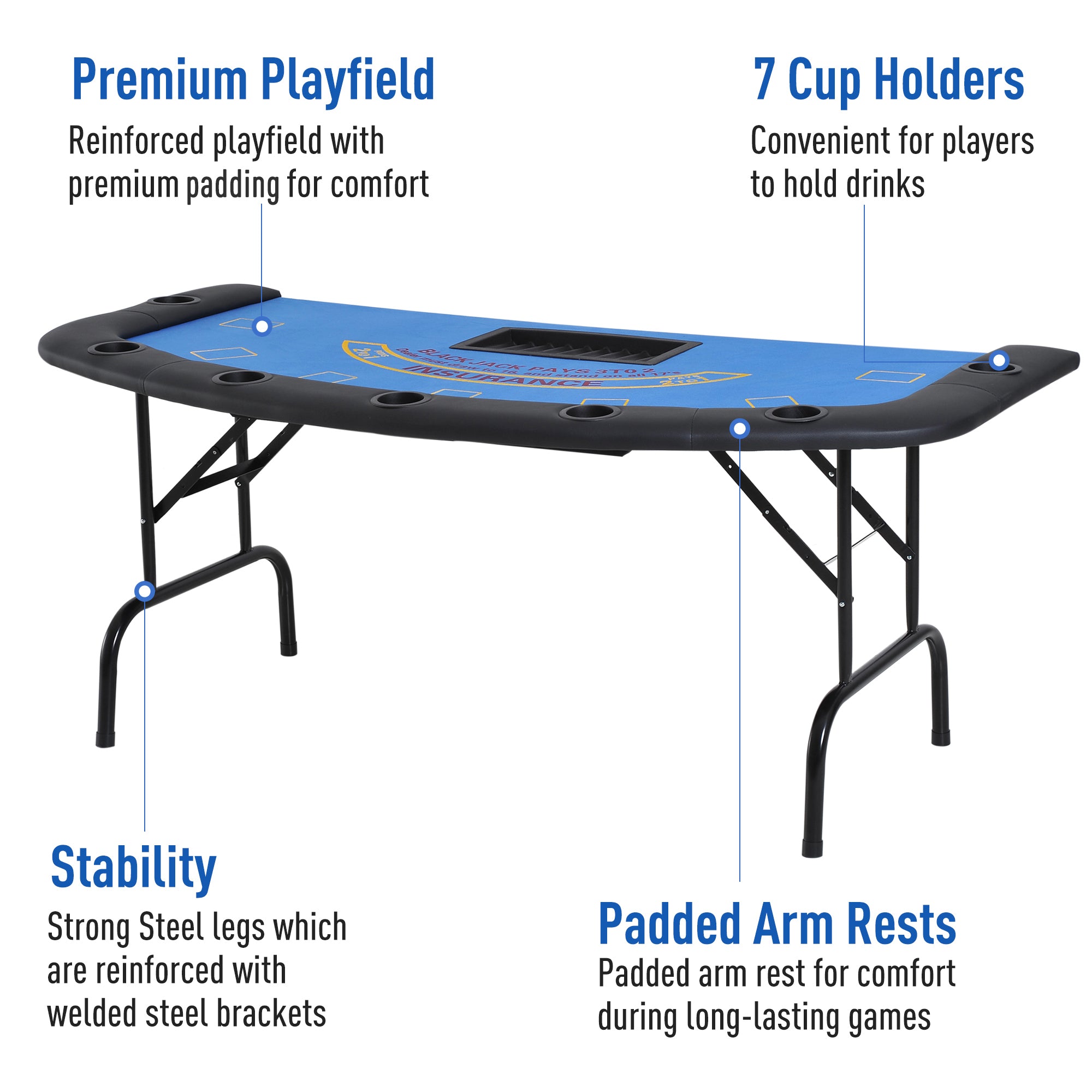 Soozier Poker Table Foldable, 72' Blackjack Table for 7 Players with Chip & Cup Holder, Blue Felt - Grand Goldman