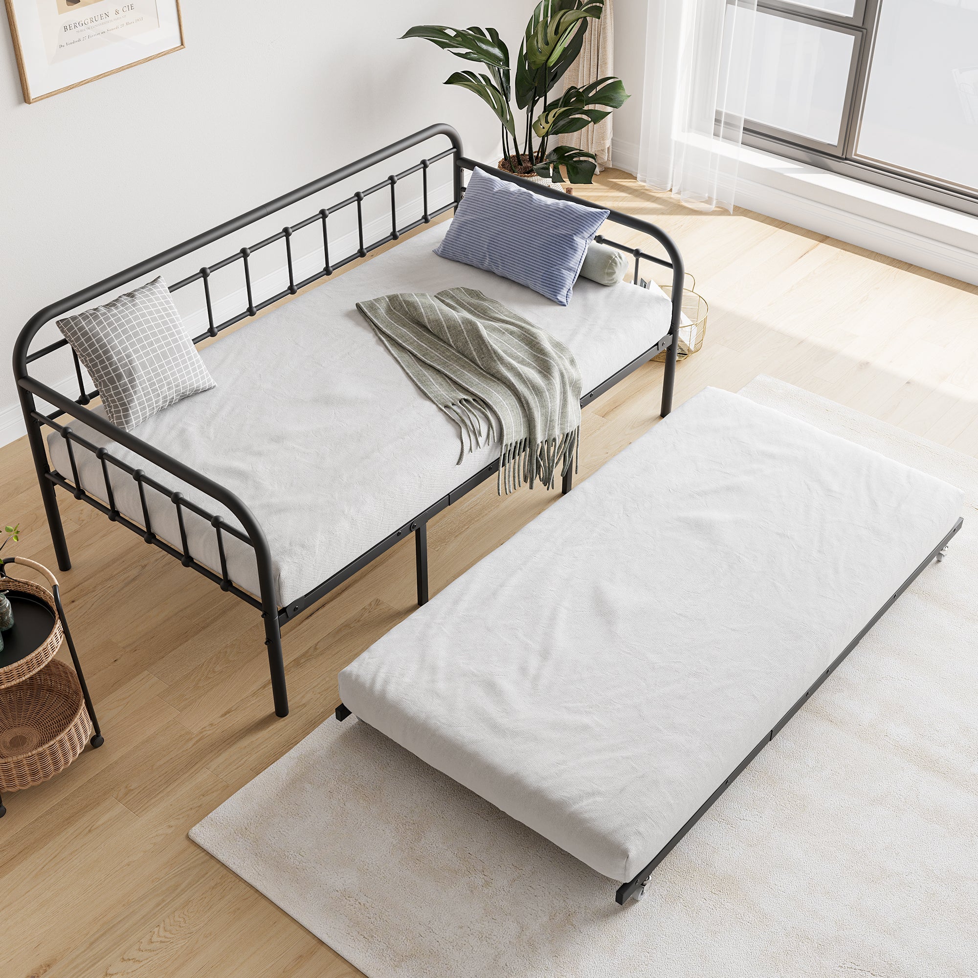 Twin Size Metal Daybed Frame with Trundle, Heavy Duty Steel Slat Support Sofa Bed Platform with Headboard, No Box Spring Needed, Black - Grand Goldman Shop