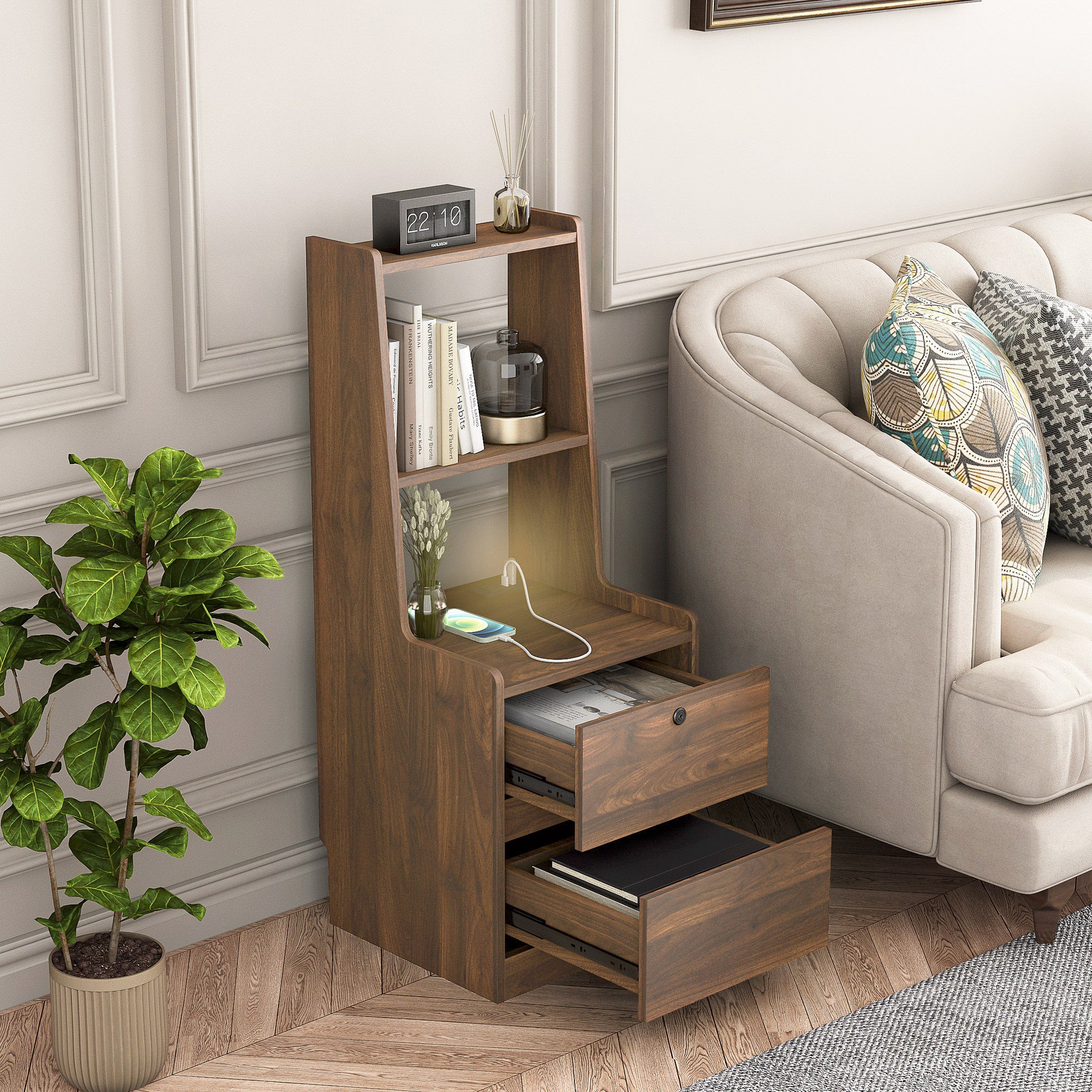 Nightstand with Charging Station, Smart Nightstand with Night Light, Modern Night Stand with Bookshelf, Bedside Tables with Storage Cabinet for Bedroom, Wood - Grand Goldman Shop