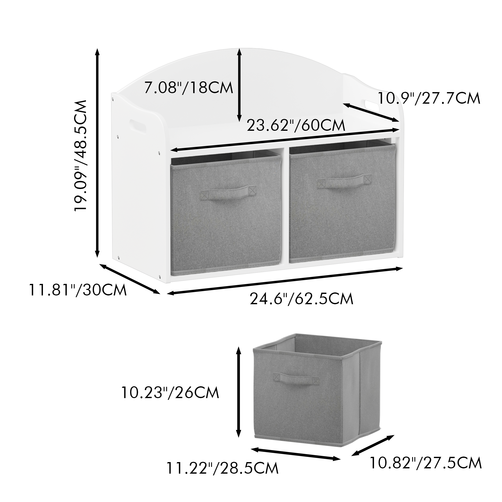 Kids Wooden Toy Box Bench with Collapsible Fabric Drawers, White MDF Storage Cabinet Organizer, 24.6 x 11.8 x 19.1 inches - G