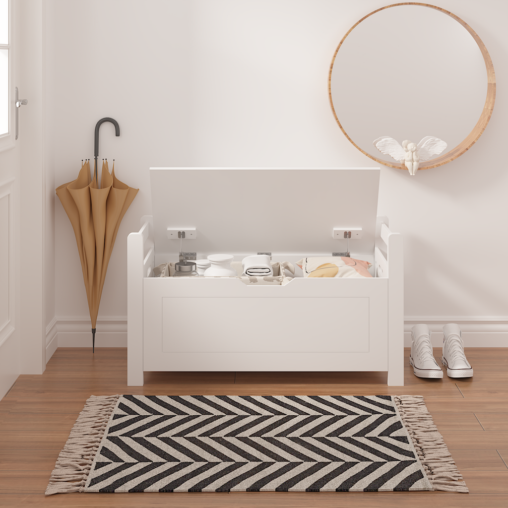 Kids Toy Box Chest White Storage Cabinet with Cushion Seat Bench Flip-Top Lid Safety Hinge for Nursery Playroom | Premium Hom