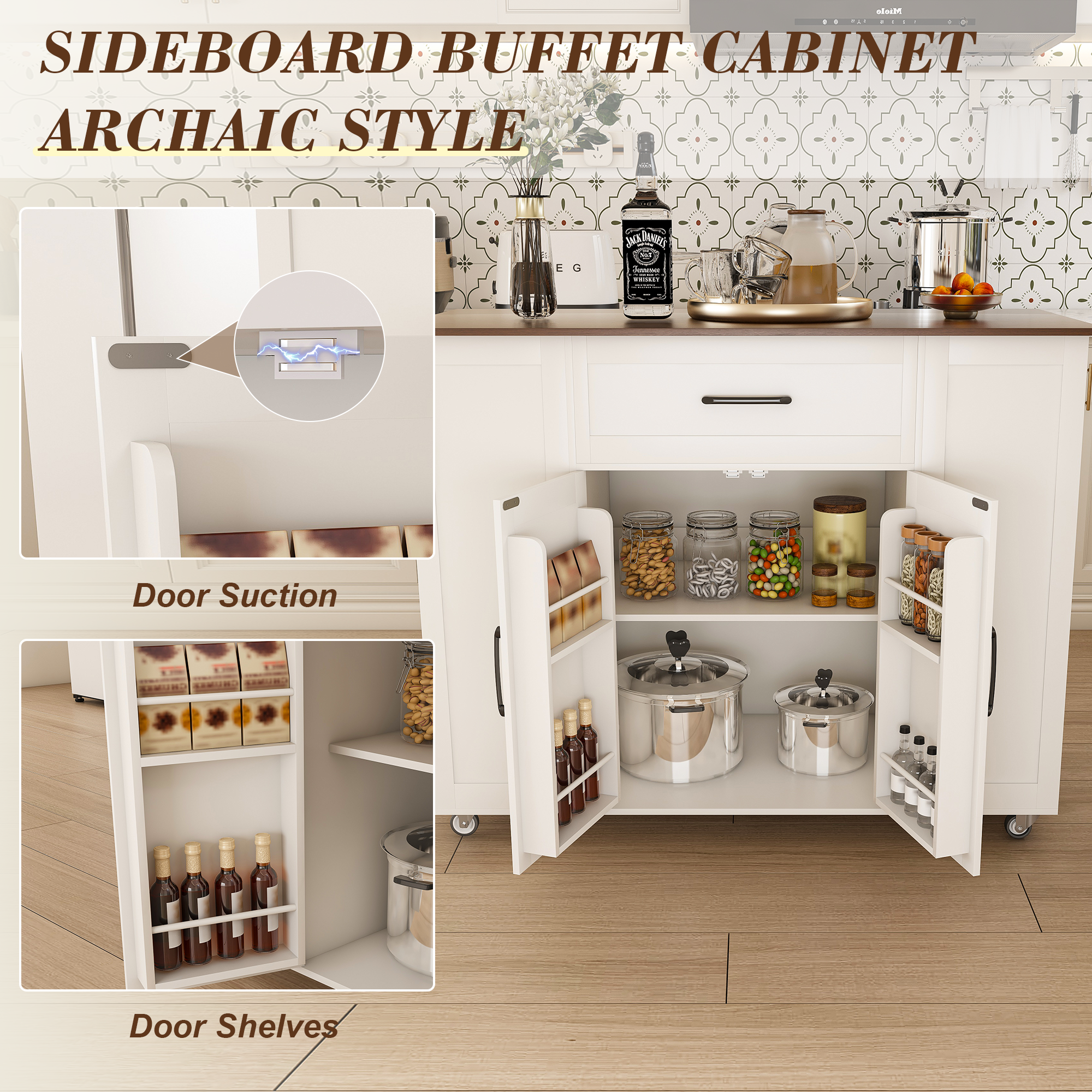 46' Kitchen Island on Wheels with Storage & Power Outlet - Movable Rustic Breakfast Bar Table, Wood Top with Adjustable Shelf & Drawer for Kitchen Dining Living Room, White - Grand Goldman Shop