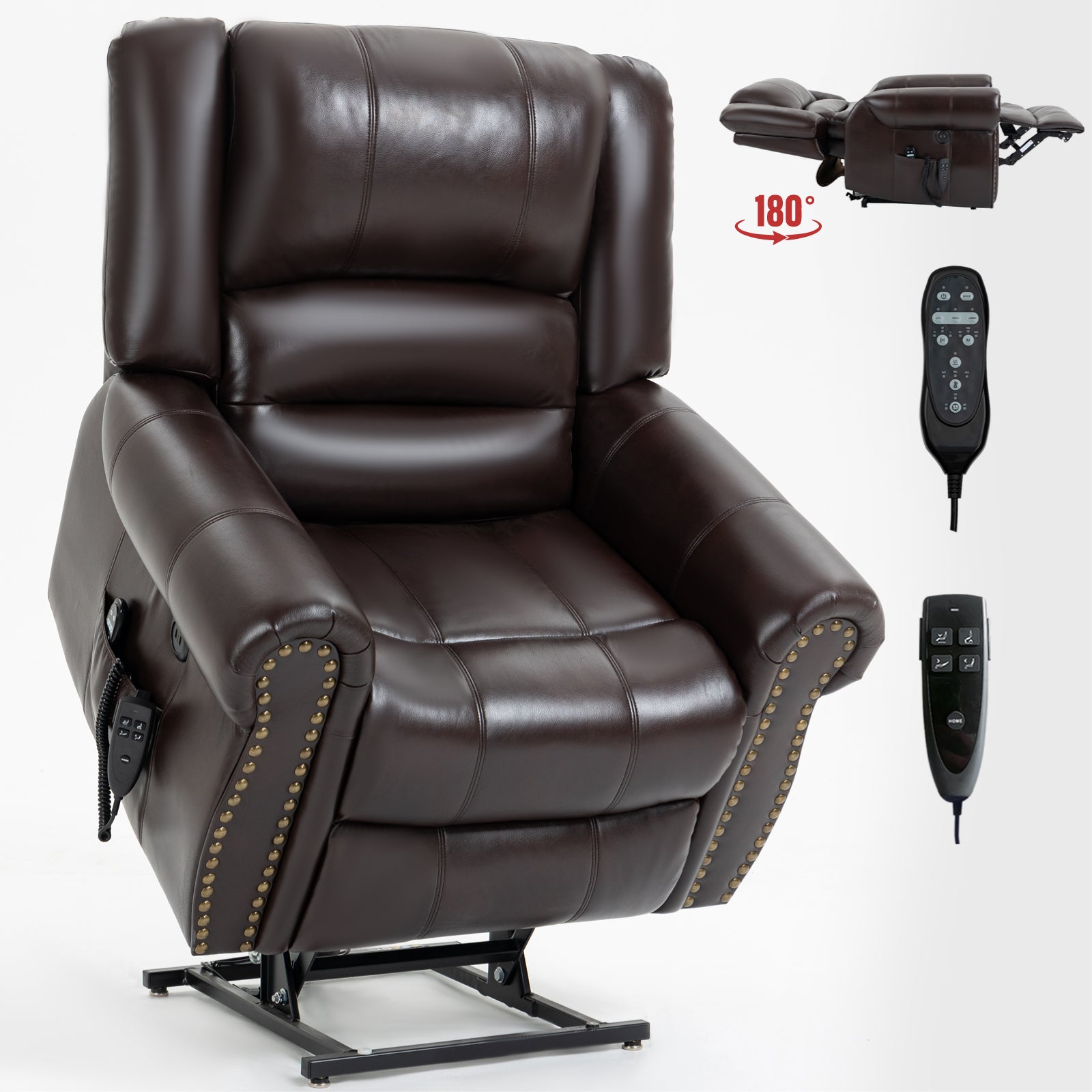 Power Lift Recliner Chair Heat Massage Dual Motor Infinite Position Up to 350 LBS, Faux Leather, Heavy Duty Motion Mechanism with USB Ports, Brown - Grand Goldman Shop