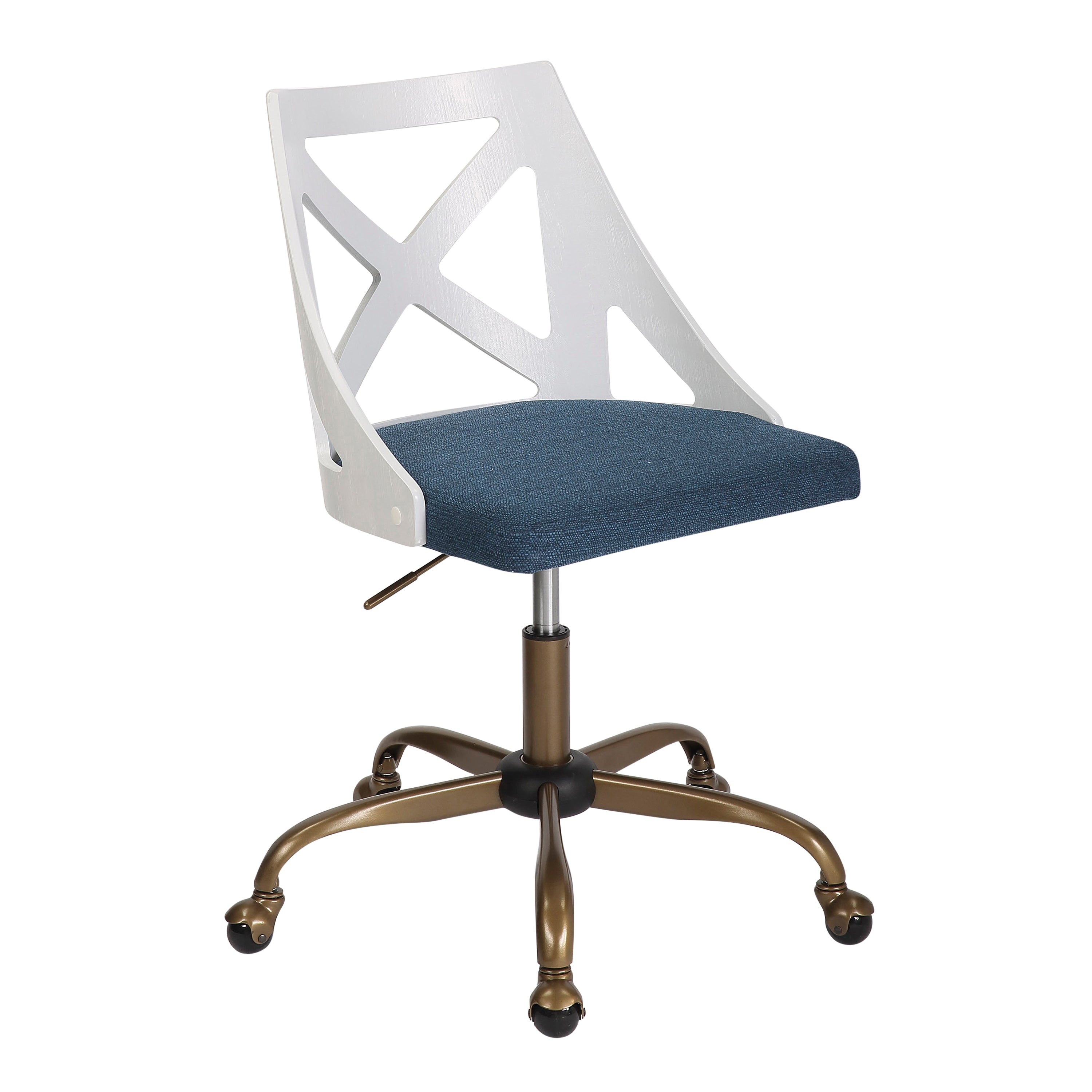 Task Chair in Antique Copper Metal, White Textured Wood, and Blue Fabric - Grand Goldman