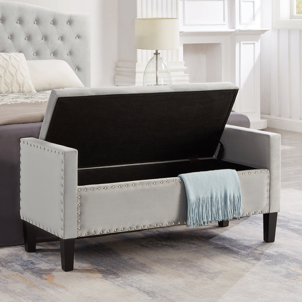 Upholstered Tufted Button Storage Bench with nails trim,Entryway Living Room Soft Padded Seat with Armrest,Bed Bench-Gray - Grand Goldman Shop