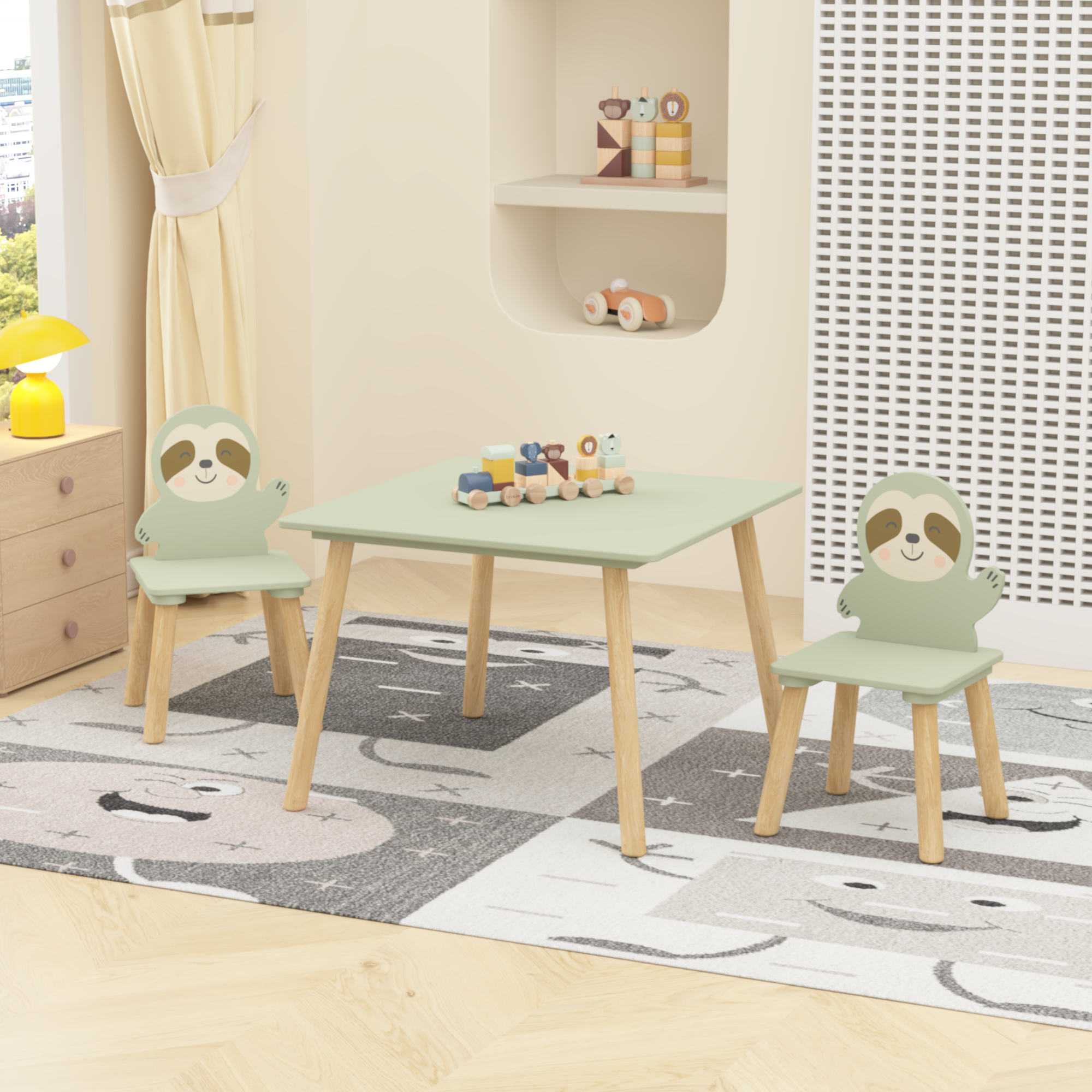 Kids Table and Chair Set with 2 Cute Sloth Chairs, Wooden Toddler Activity Table, Cute Animal Design Play & Study Set for Pla
