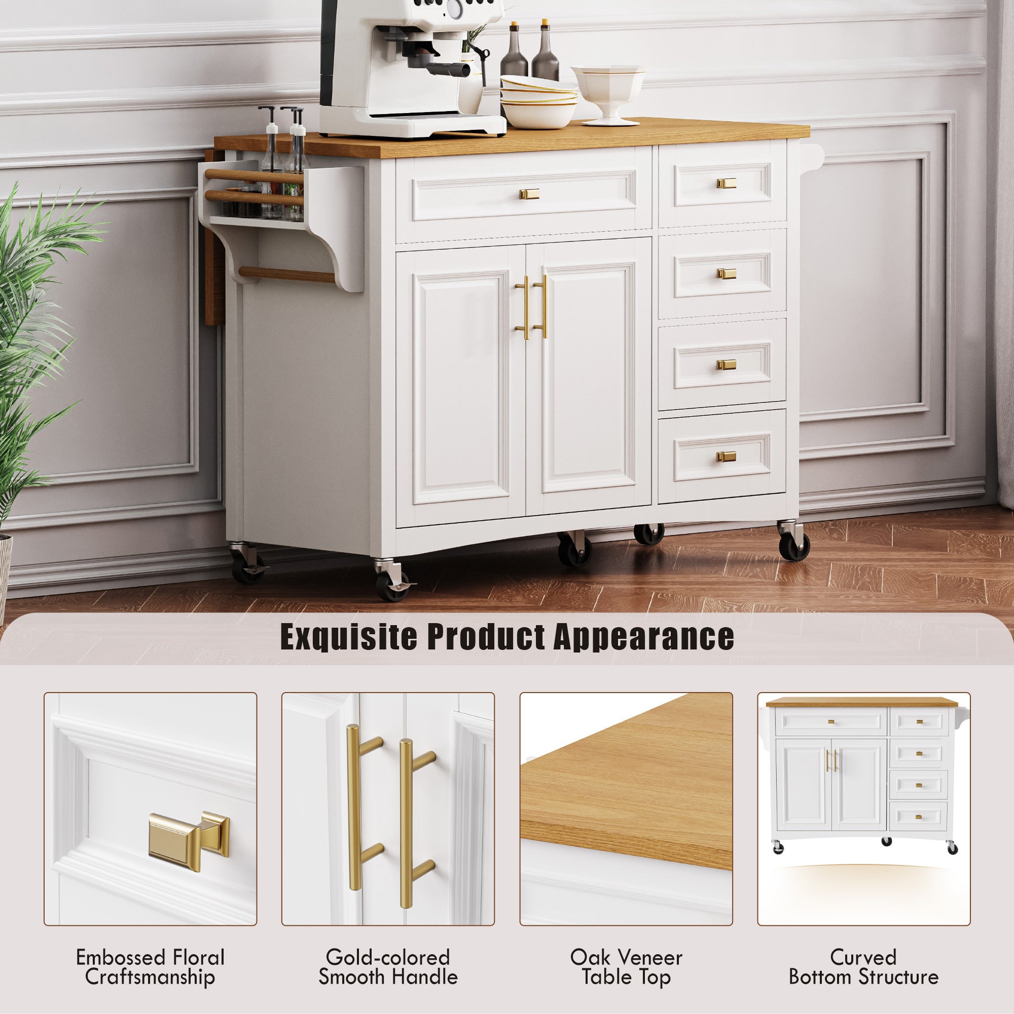 K&K 52'' Kitchen Island with Drop Leaf, Embossed Texture Kitchen Island on Wheels with Spice Rack, Towel Rack, 2 Doors and 5 Drawers, Kitchen Storage Cart with Adjustable Shelf for Kitchen, White - Grand Goldman Shop