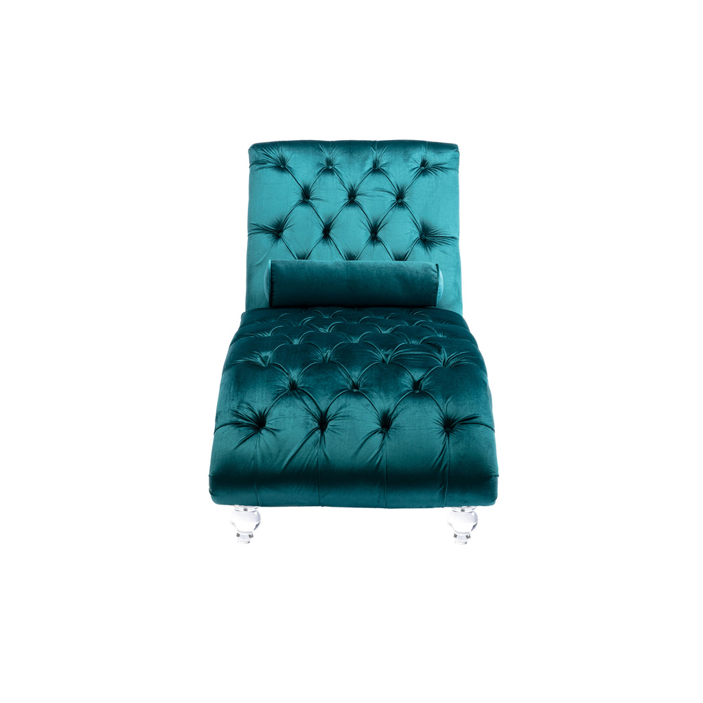 Velvet Chaise Lounge Indoor, Button-Tufted Upholstered Chaise Lounge Chair with Pillow, Teal Velvet, 63.38 inch - Grand Goldman Shop