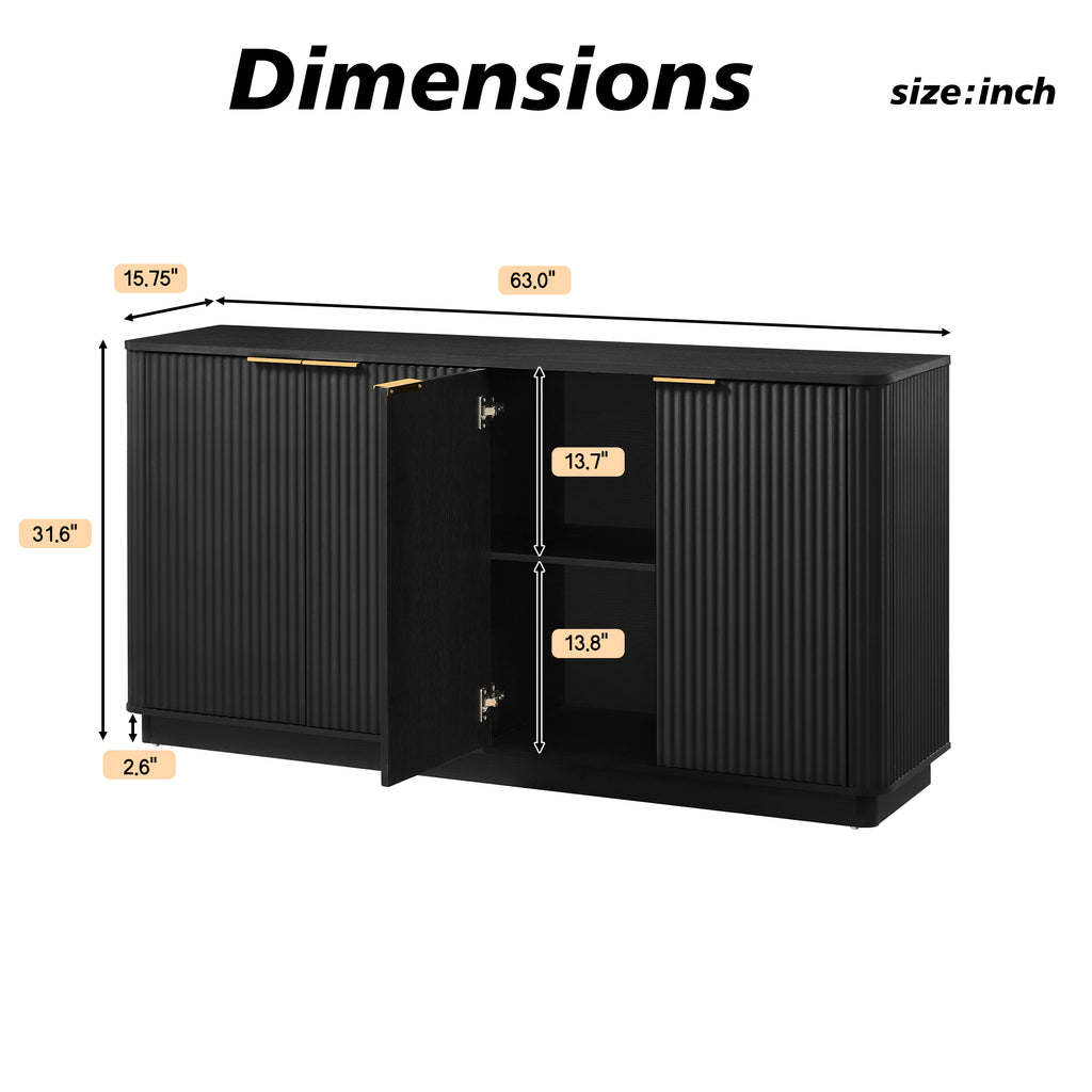 63' Vertical Stripe Buffet Cabinet Sideboard with stoarge, Curved wave Design, TV Stand, for Bedroom, Living Room, Hallway, Black,63''W x 15.75''D x 31.5''H. - Grand Goldman Shop