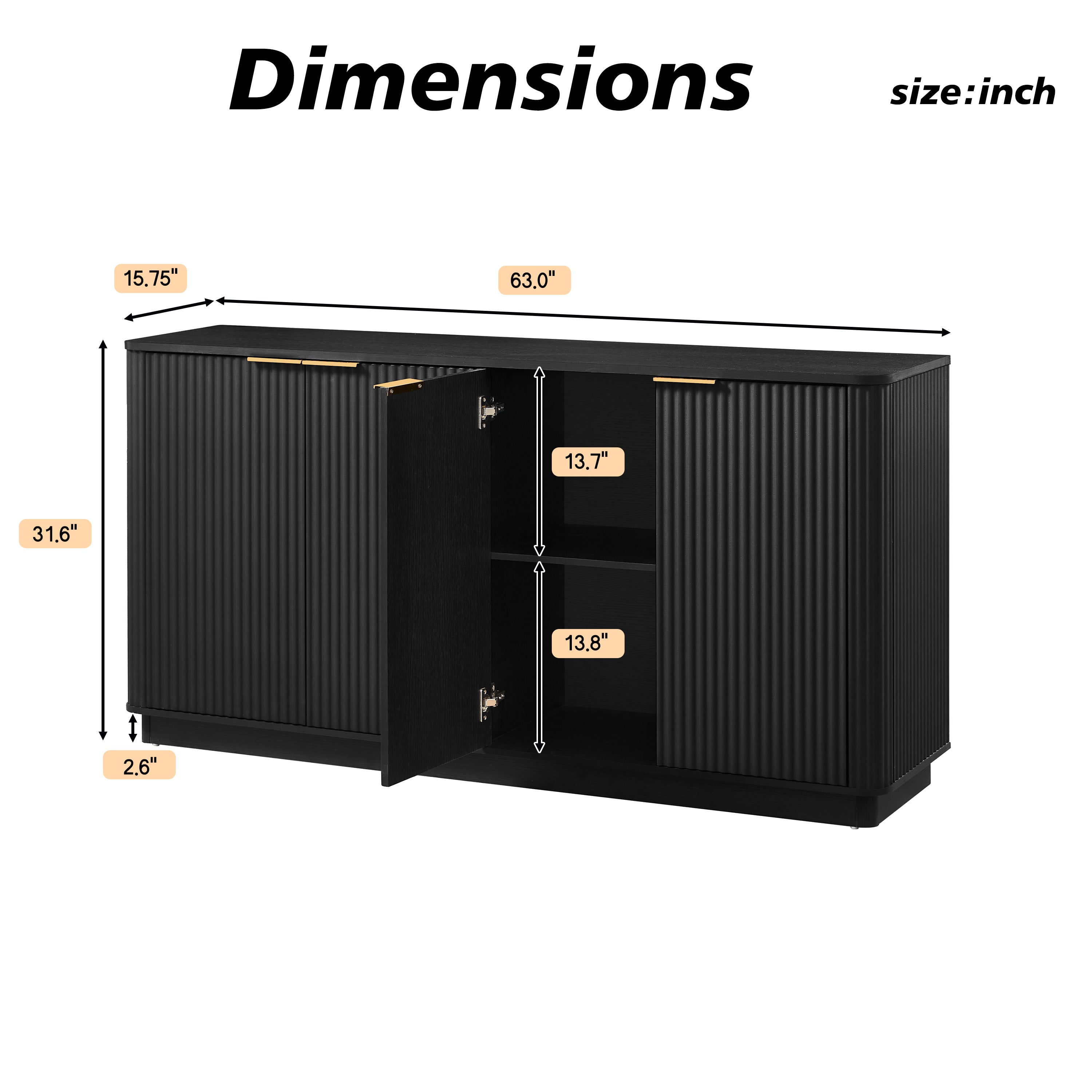 63' Vertical Stripe Buffet Cabinet Sideboard with stoarge, Curved wave Design, TV Stand, for Bedroom, Living Room, Hallway, Black,63''W x 15.75''D x 31.5''H. - Grand Goldman Shop
