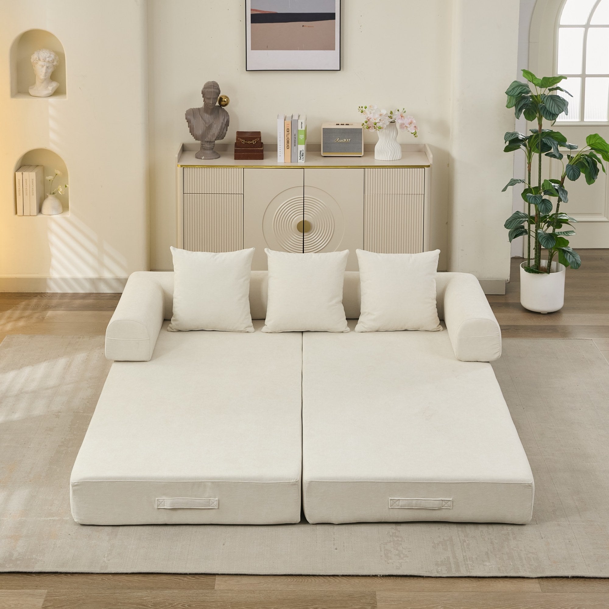 Comfy Convertible Folding Mattress Couch, Floor Sofa Bed, Chenille Floor Sofa with Armrest, Floor Sofa Lounge Couch for Living Room Bedroom Lounge Studio-Beige - Grand Goldman Shop