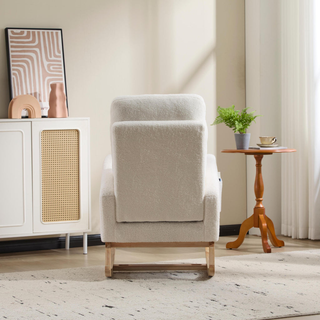 Modern Accent Rocking Chair Rocking Chair with Solid Wood Legs, Upholstered Nursery Glider Rocker, Comfy Armchair with Side Pocket, Living Room Lounge Arm Chair with High Backrest (white,teddy) - Grand Goldman Shop