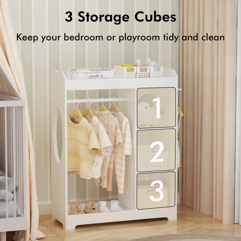 Kids Dress Up Storage with Mirror and Hooks, Wooden Dress Up Clothes Rack with Hanging Rod, 3 Side Hooks, Storage Shelves and