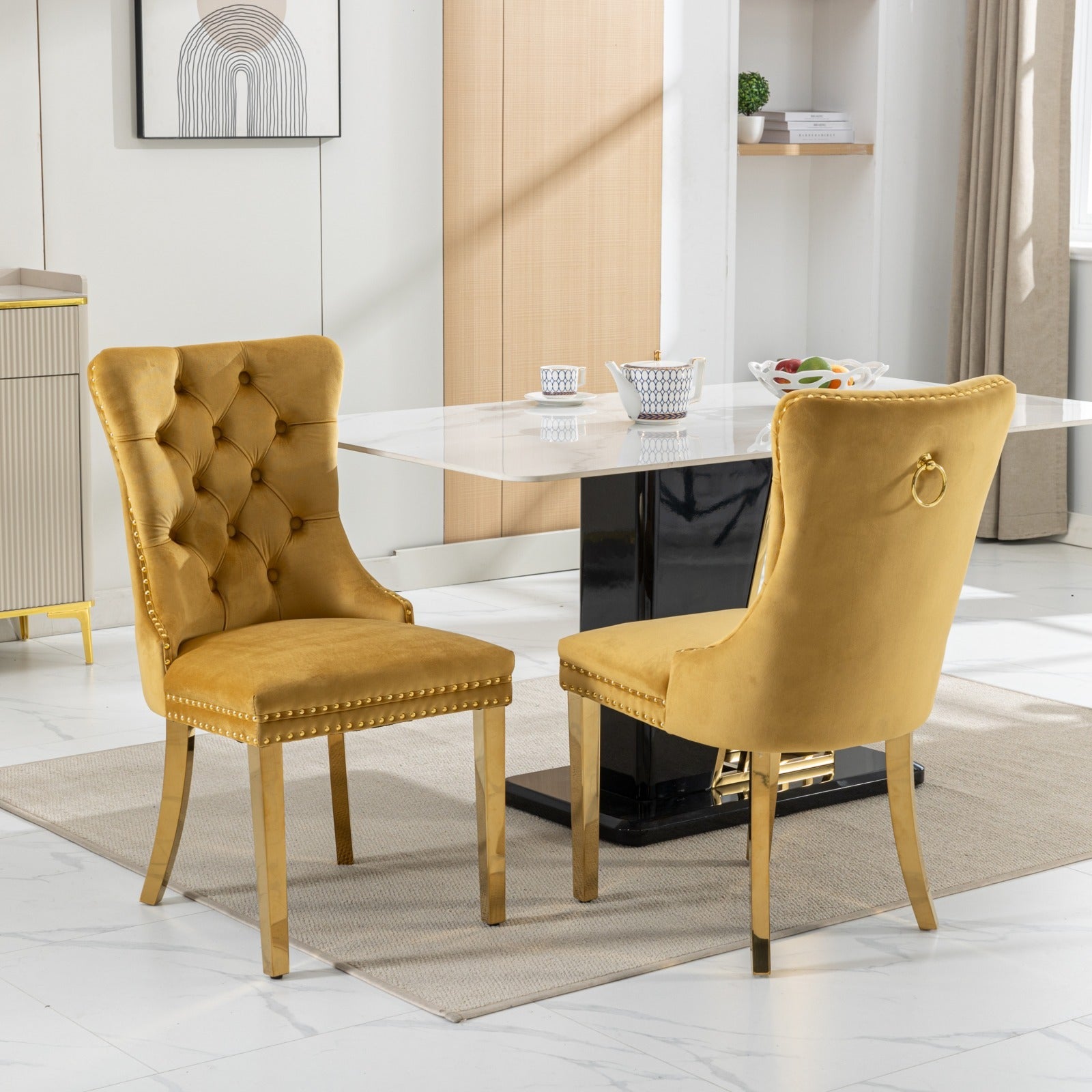 A&A Furniture,Nikki Collection Modern, High-end Tufted Solid Wood Contemporary Velvet Upholstered Dining Chair with Golden Stainless Steel Plating Legs,Nailhead Trim,Set of 2,Gold, SW1601GL - Grand Goldman Shop