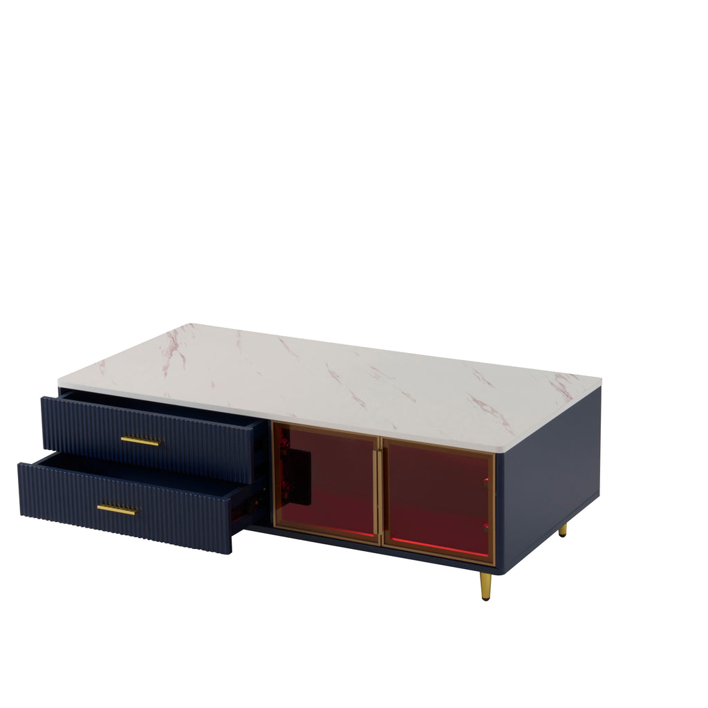 Modern Navy Blue Coffee Table with 2 Glass Door Storage, 4 Drawers, Gold Metal Legs, and Multi-Color Lighting in 47.2'' - Grand Goldman Shop