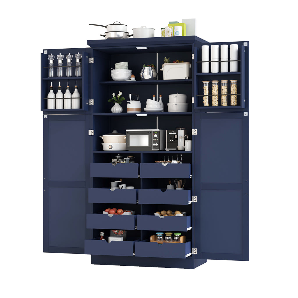 [Assembly Video Provided] TOPMAX 35.5x17.6x70.9inch Freestanding Kitchen Pantry Cabinet, Tall Storage Cabinet with 4 Doors, 2 Door Shelves, 8 Pull-out Trays and Adjustable Shelf for Dining Room, Blue - Grand Goldman Shop