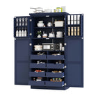 [Assembly Video Provided] TOPMAX 35.5x17.6x70.9inch Freestanding Kitchen Pantry Cabinet, Tall Storage Cabinet with 4 Doors, 2 Door Shelves, 8 Pull-out Trays and Adjustable Shelf for Dining Room, Blue - Grand Goldman Shop