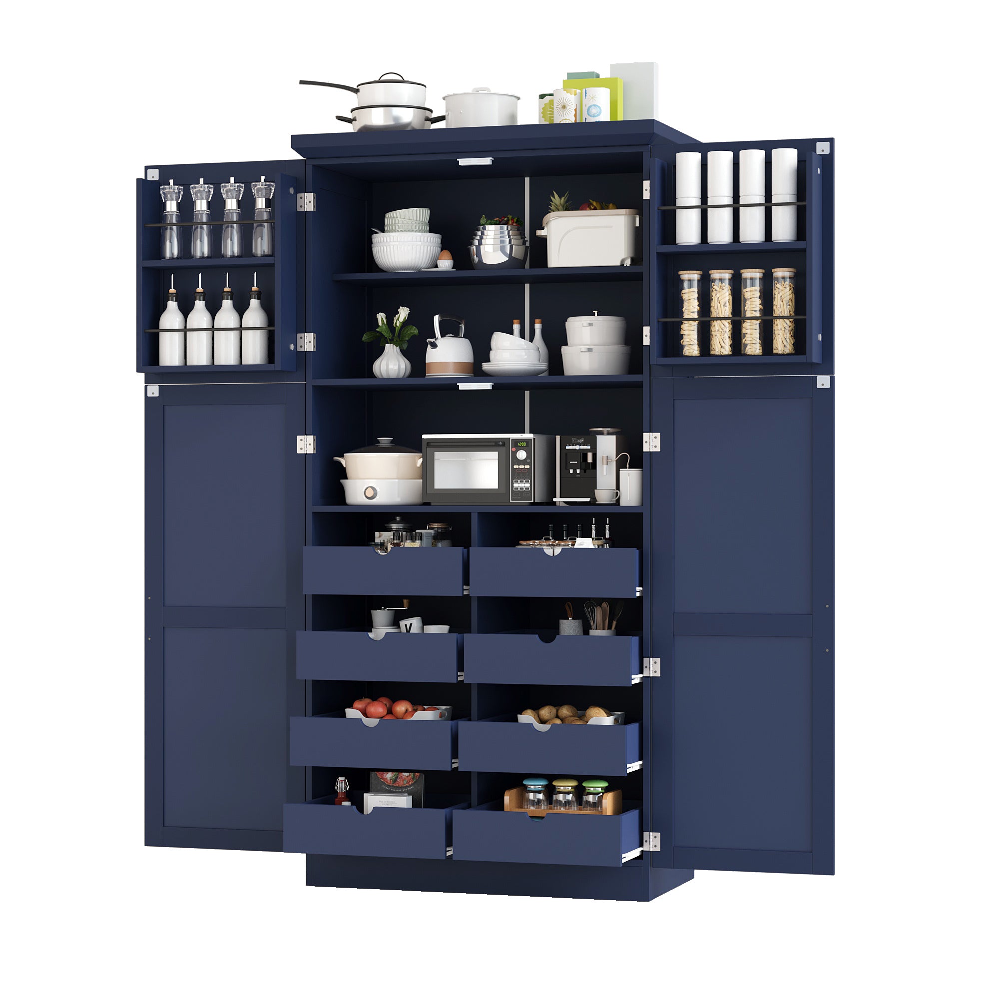 [Assembly Video Provided] TOPMAX 35.5x17.6x70.9inch Freestanding Kitchen Pantry Cabinet, Tall Storage Cabinet with 4 Doors, 2 Door Shelves, 8 Pull-out Trays and Adjustable Shelf for Dining Room, Blue - Grand Goldman Shop