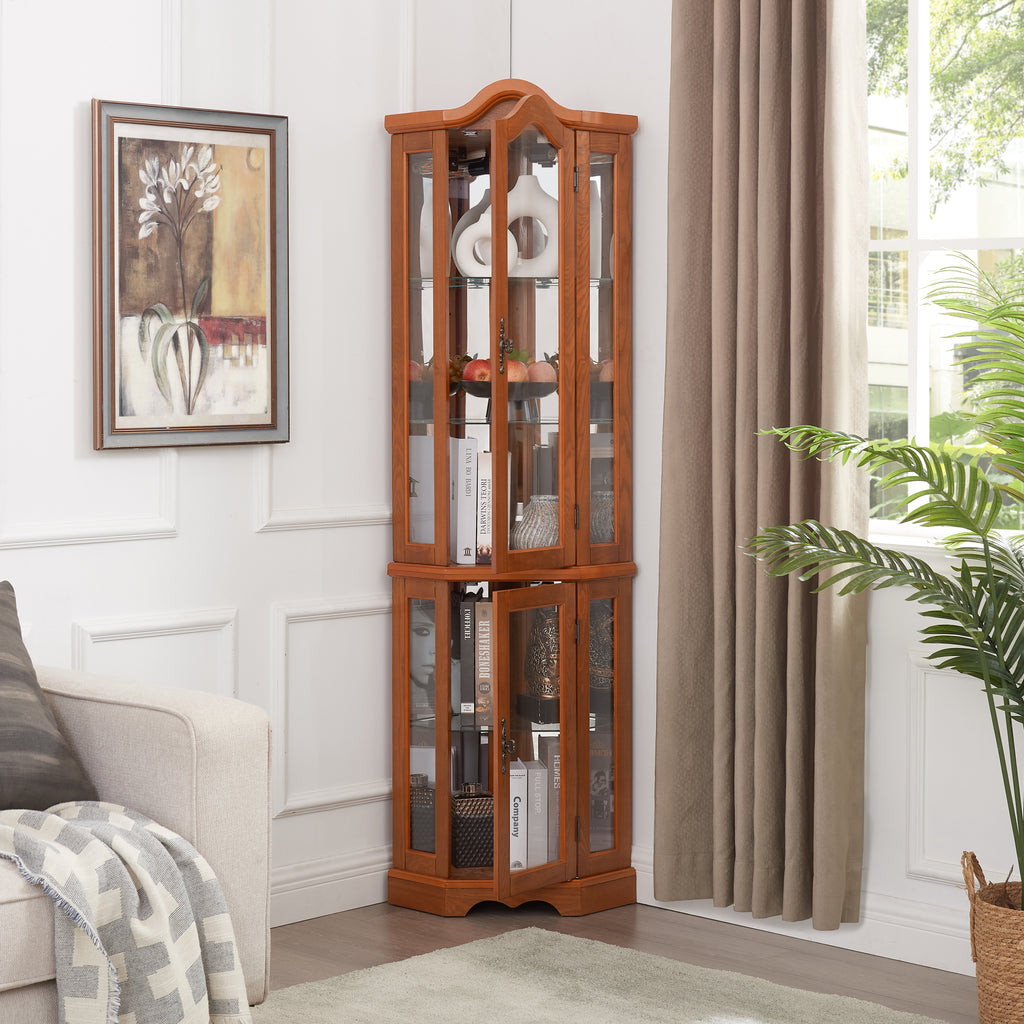 Curio Cabinet Lighted Glass Display Curio Cabinet w/Tempered Glass Doors and Shelves, Crown Corner Cabinet with Bulb, Corner Storage Decoration for Living room and Bedroom OAK - Grand Goldman Shop