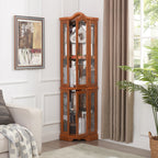Curio Cabinet Lighted Glass Display Curio Cabinet w/Tempered Glass Doors and Shelves, Crown Corner Cabinet with Bulb, Corner Storage Decoration for Living room and Bedroom OAK - Grand Goldman Shop
