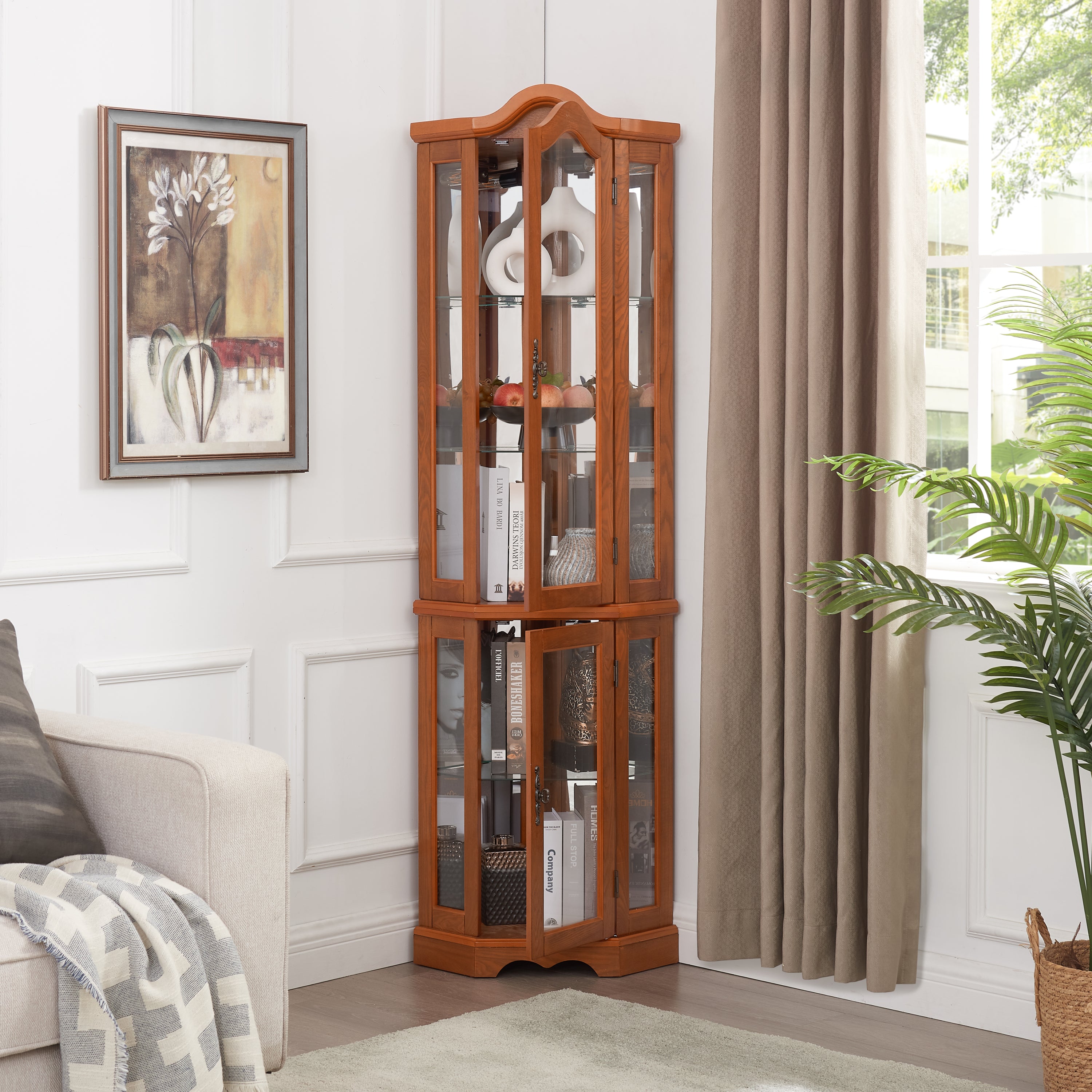 Curio Cabinet Lighted Glass Display Curio Cabinet w/Tempered Glass Doors and Shelves, Crown Corner Cabinet with Bulb, Corner Storage Decoration for Living room and Bedroom OAK - Grand Goldman Shop