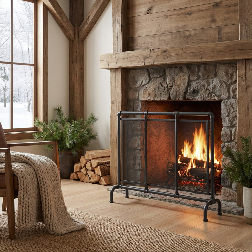 Celeste 1 Panel Iron Fireplace Screen 36' W x 29' H, Black - Grand Goldman Shop