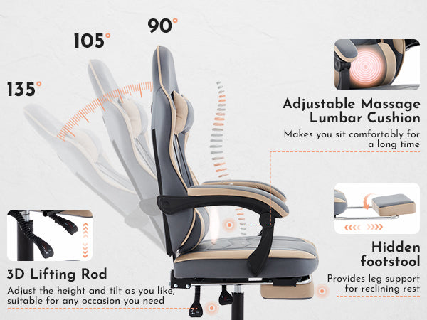 Gaming Chair, Ergonomic Computer Chair with Footrest and Massage Lumbar Support, Height Adjustable Swivel Video Game Chair fo